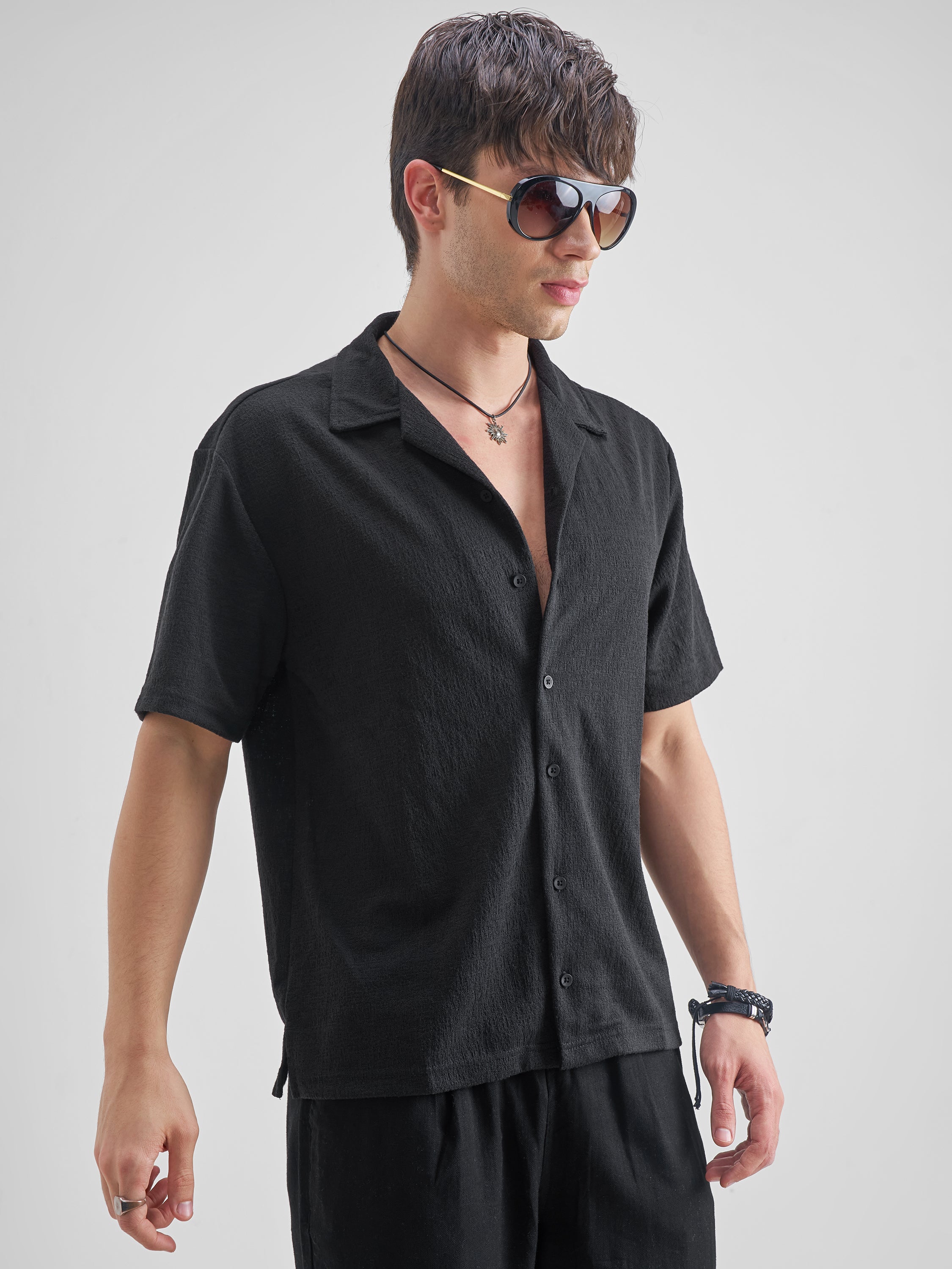 Highlander Men Black Self Design Relaxed Fit Casual Shirt - Black - Image 6