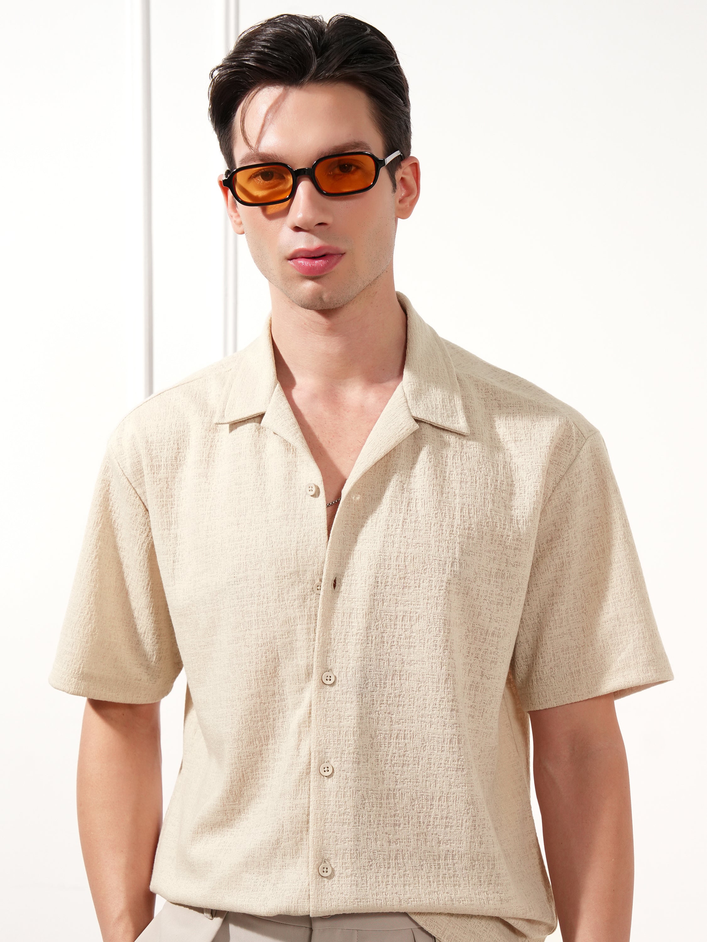 Highlander Men Cream Self Design Relaxed Fit Casual Shirt - Cream - Image 1