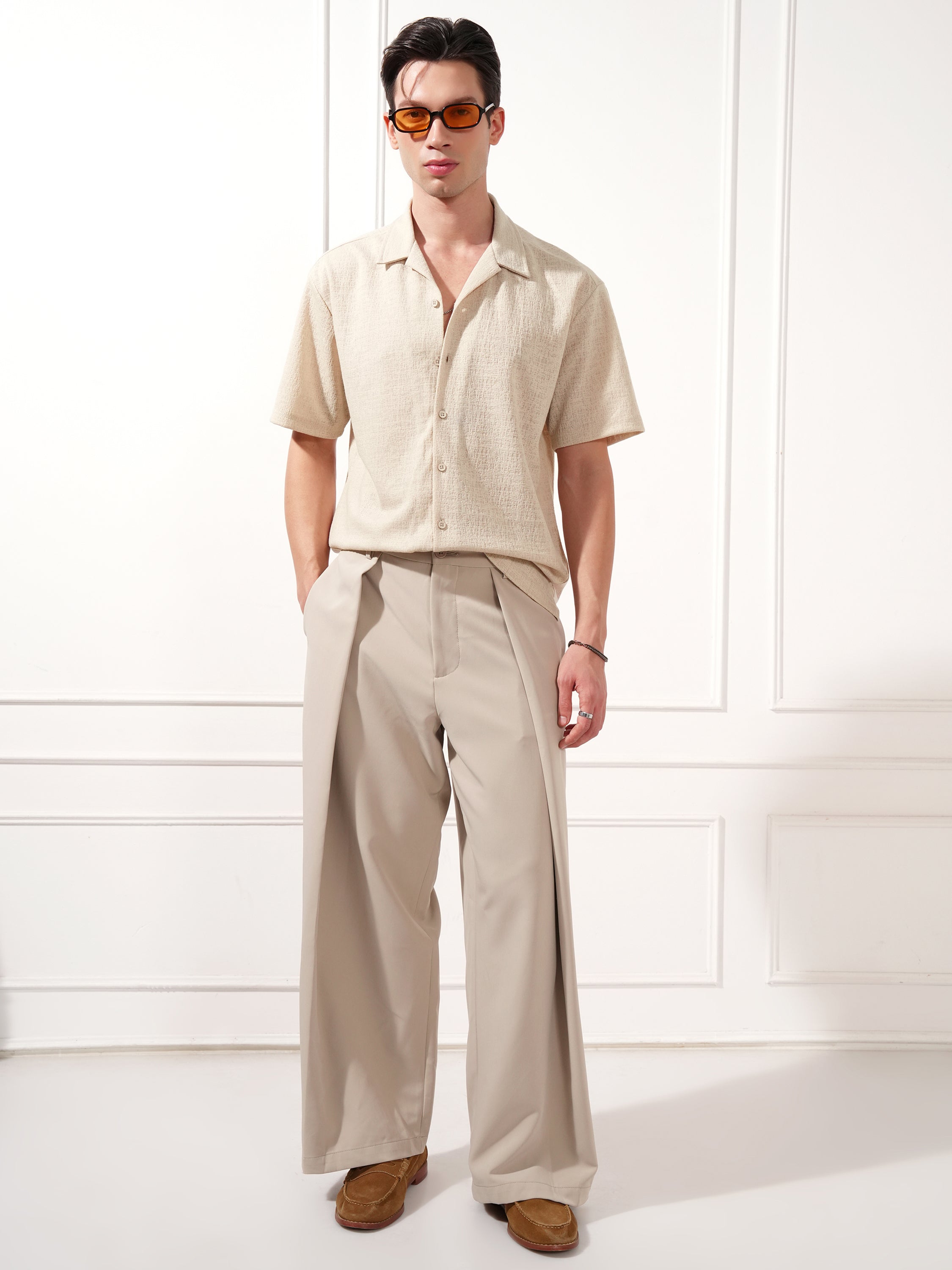 Highlander Men Cream Self Design Relaxed Fit Casual Shirt - Cream - Image 2