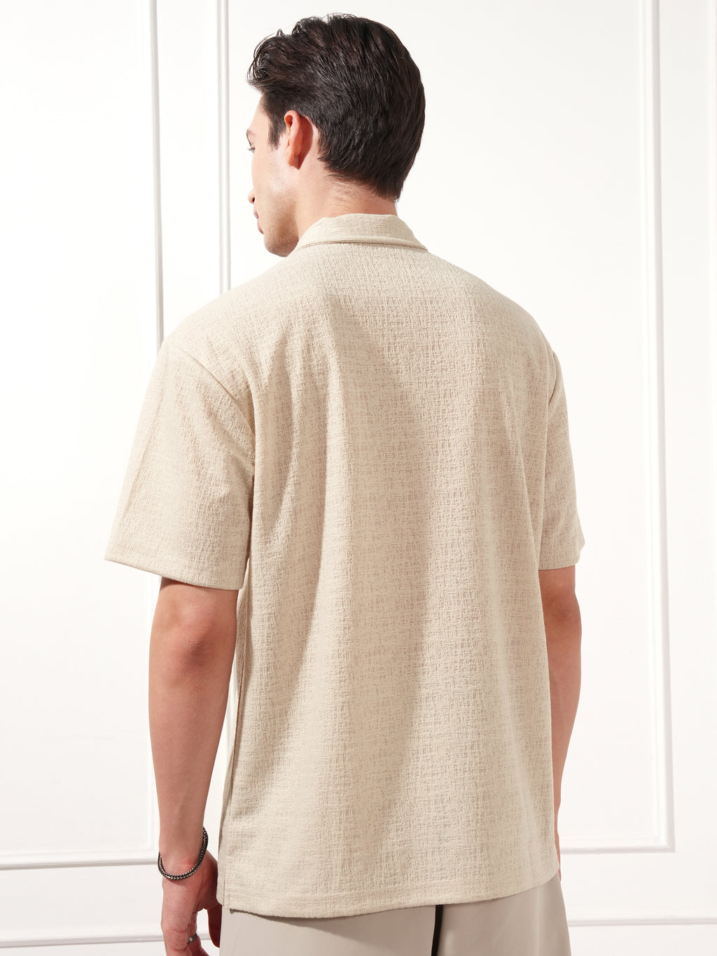 Highlander Men Cream Self Design Relaxed Fit Casual Shirt - Cream - Image 3