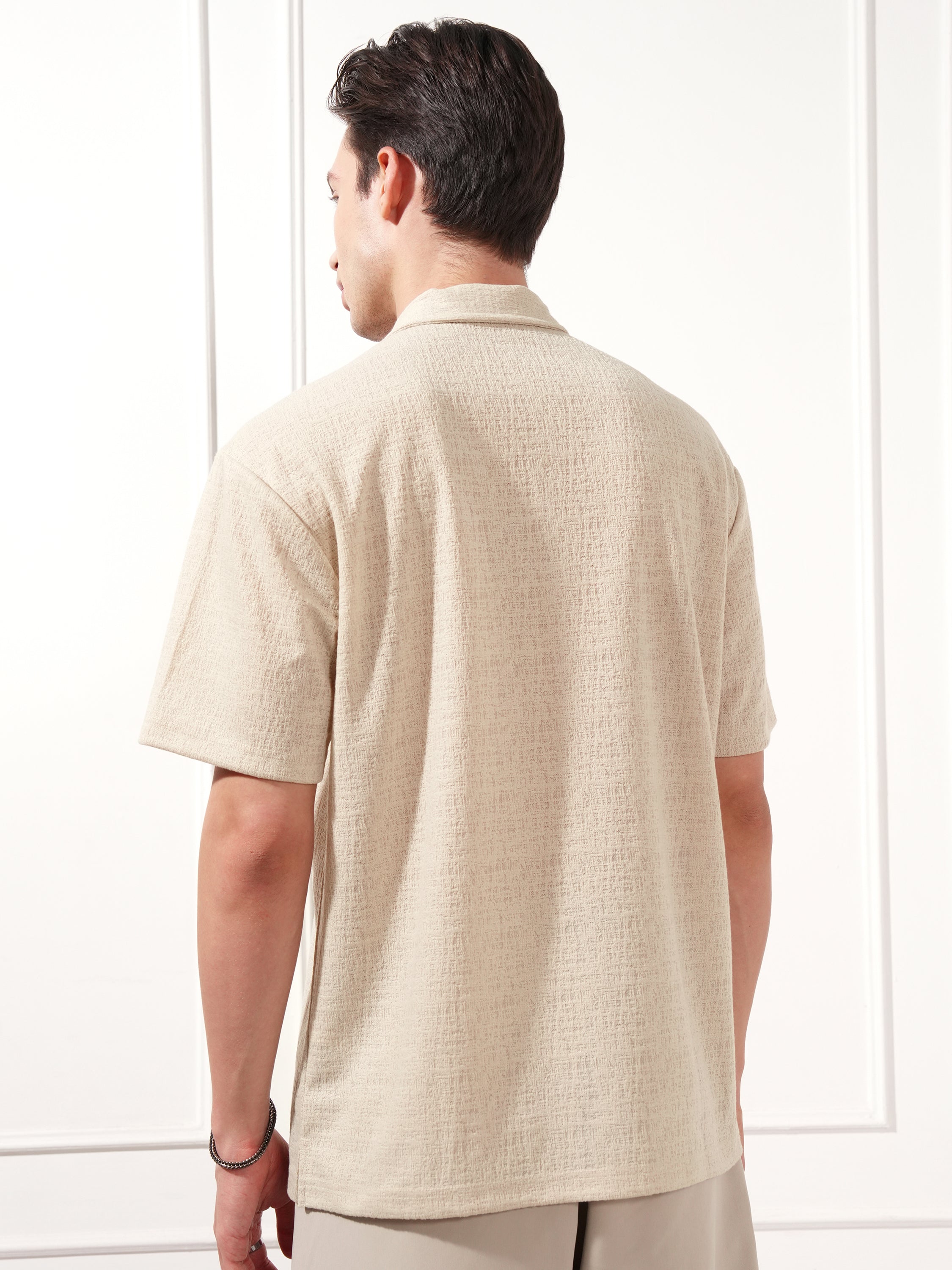 Highlander Men Cream Self Design Relaxed Fit Casual Shirt - Cream - Image 3