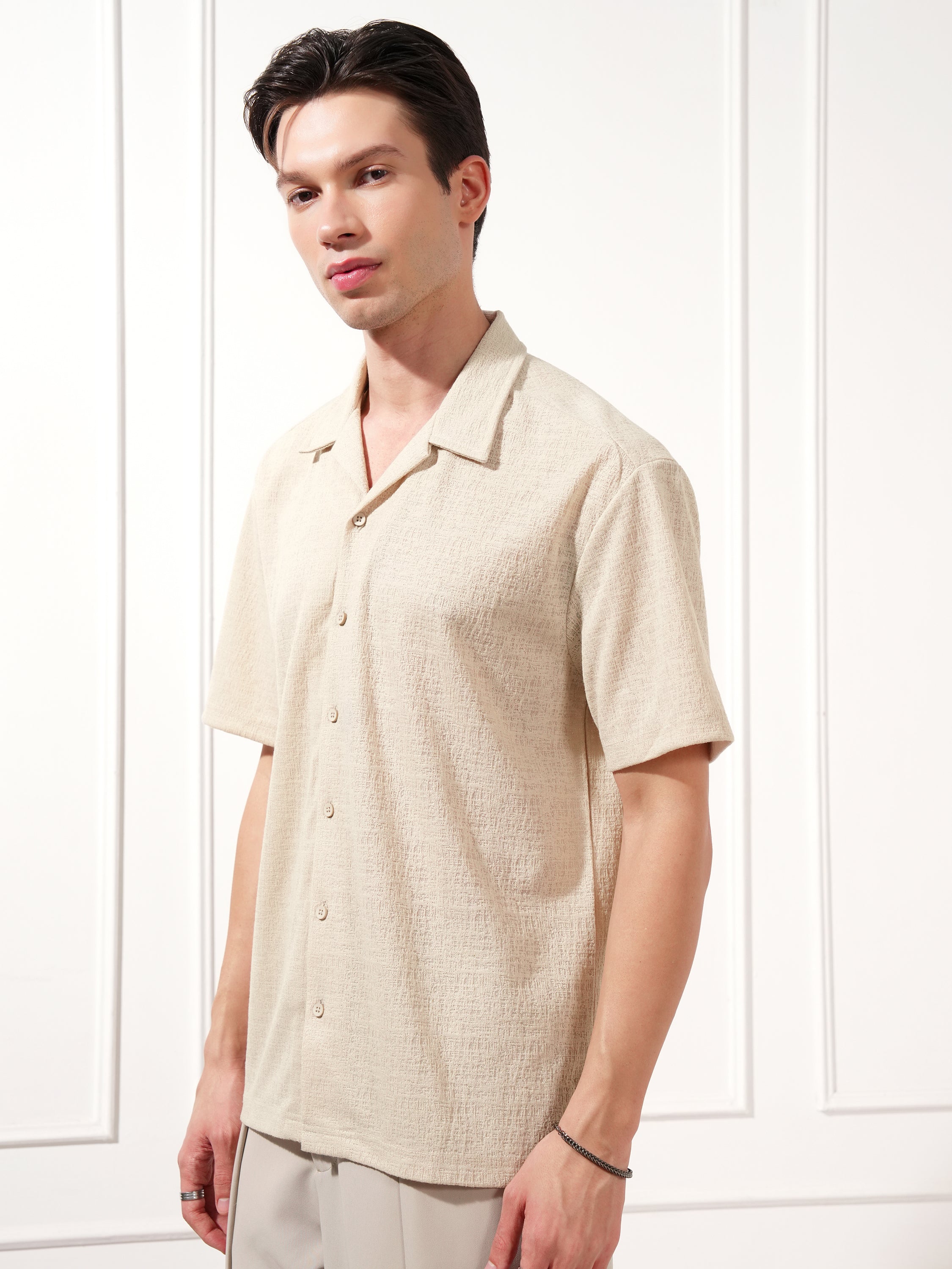 Highlander Men Cream Self Design Relaxed Fit Casual Shirt - Cream - Image 4