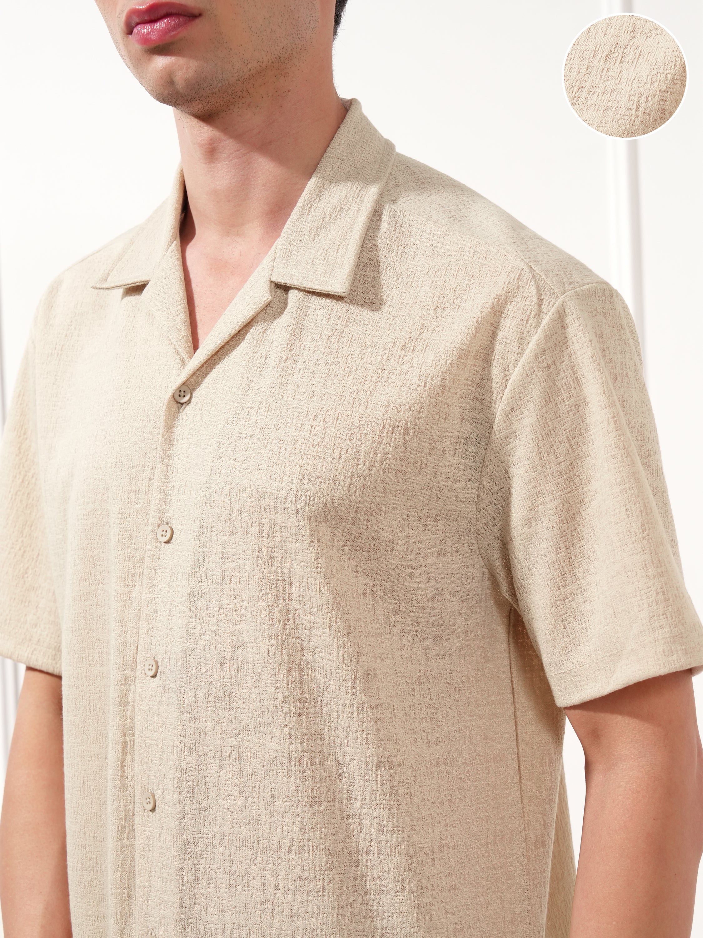 Highlander Men Cream Self Design Relaxed Fit Casual Shirt - Cream - Image 5