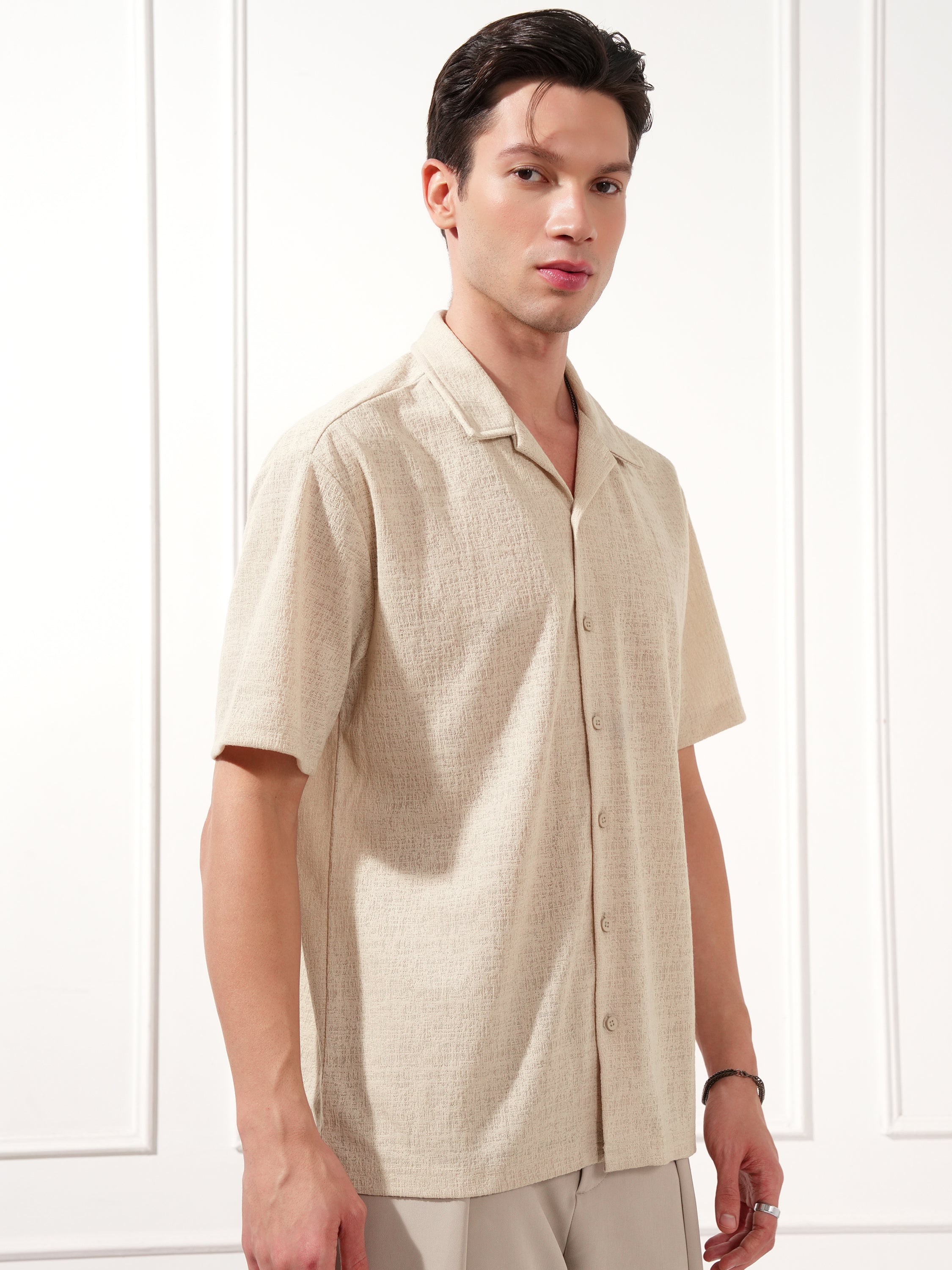Highlander Men Cream Self Design Relaxed Fit Casual Shirt - Cream - Image 6