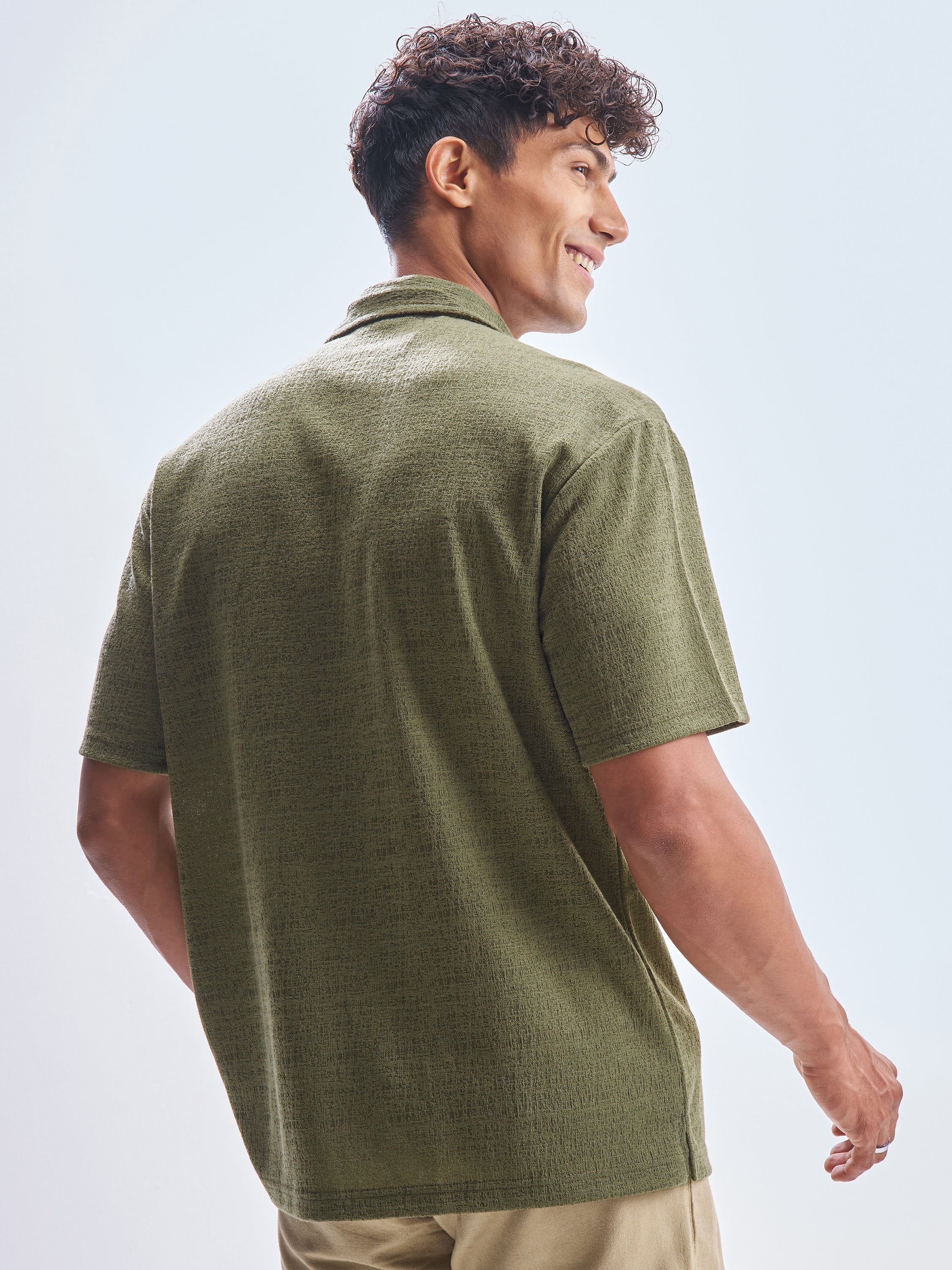 Highlander Men Olive Self Design Relaxed Fit Casual Shirt - Olive - Image 3
