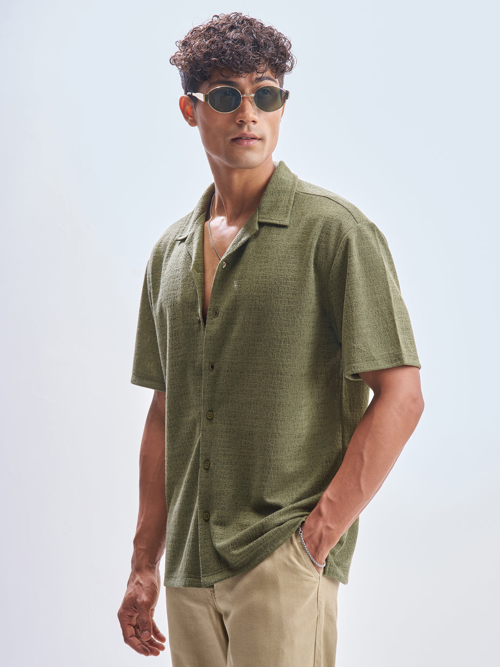 Highlander Men Olive Self Design Relaxed Fit Casual Shirt - Olive - Image 4