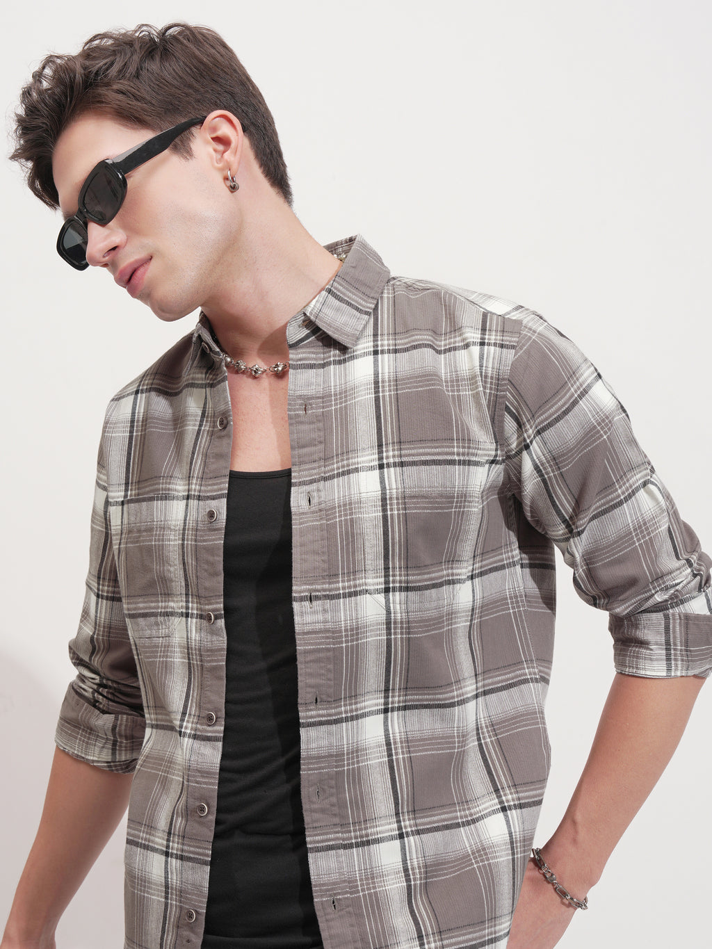 Highlander Men Tan Checked Slim Fit Casual Shirt - Tan - Image 1
