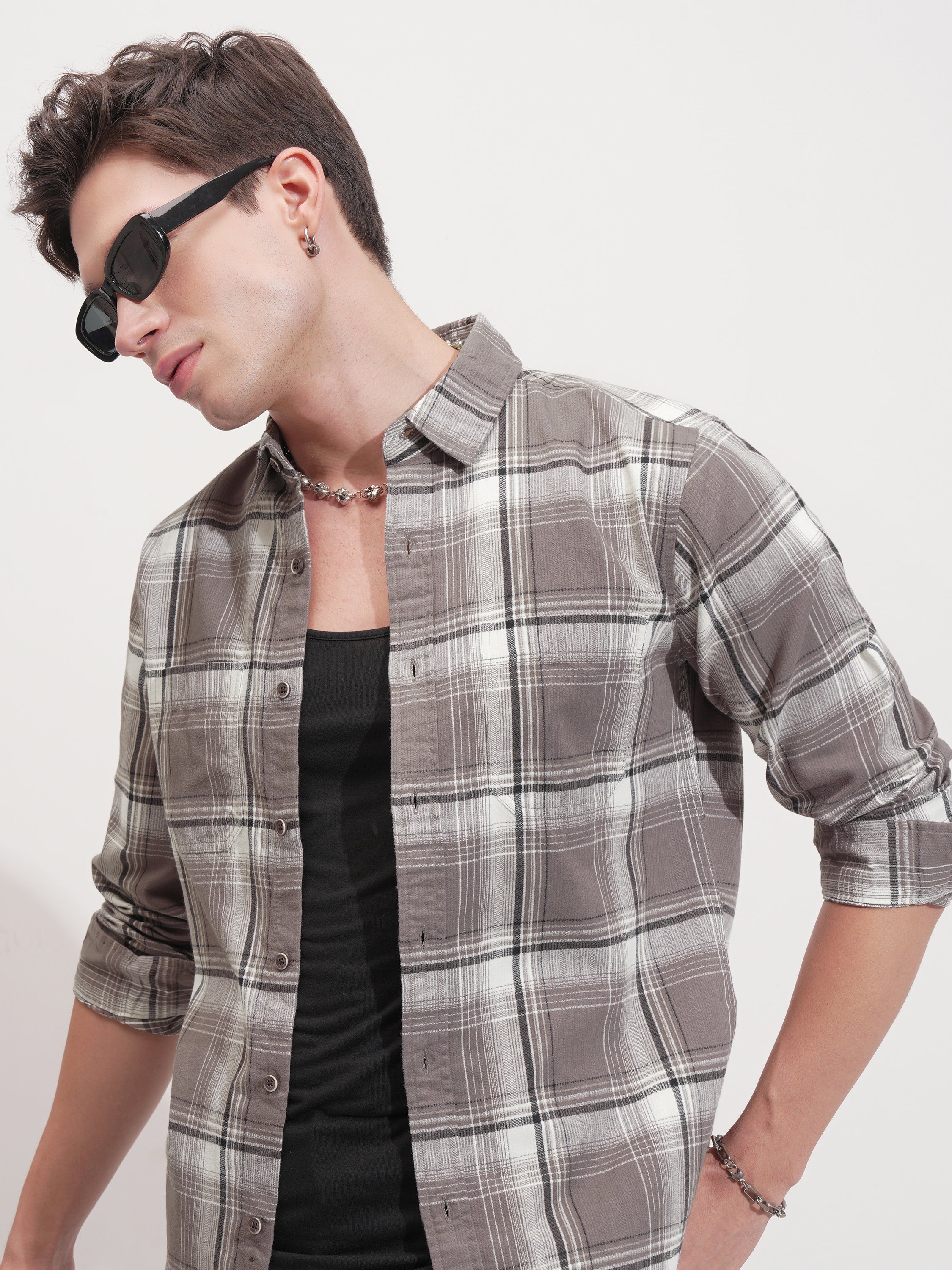 Highlander Men Tan Checked Slim Fit Casual Shirt - Tan - Image 1