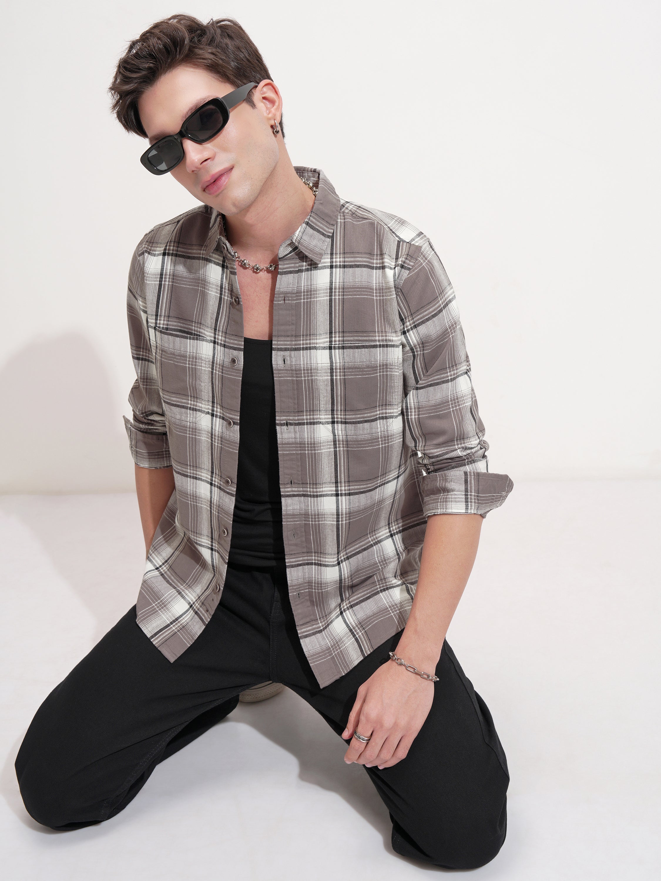 Highlander Men Tan Checked Slim Fit Casual Shirt - Tan - Image 2