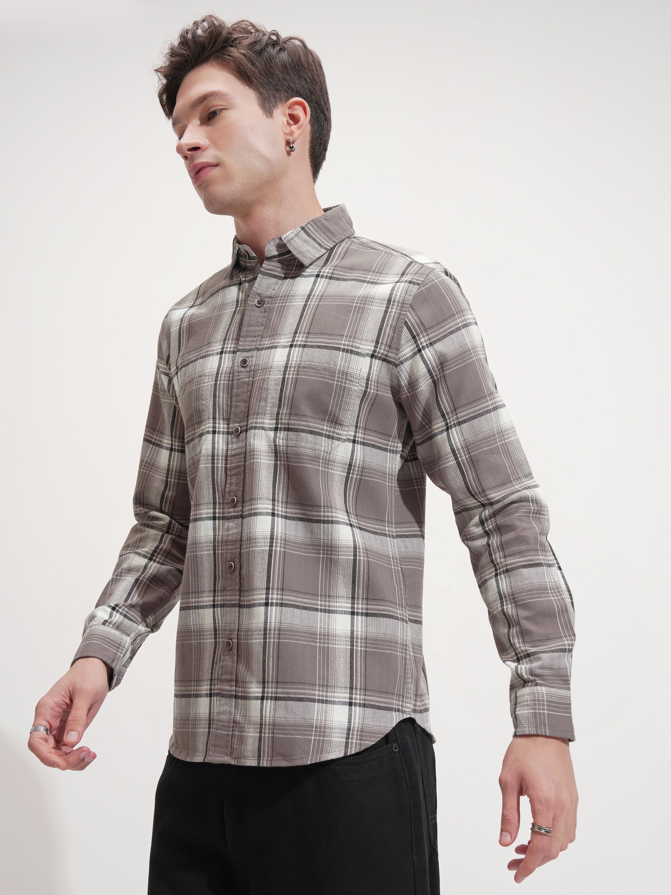 Highlander Men Tan Checked Slim Fit Casual Shirt - Tan - Image 4