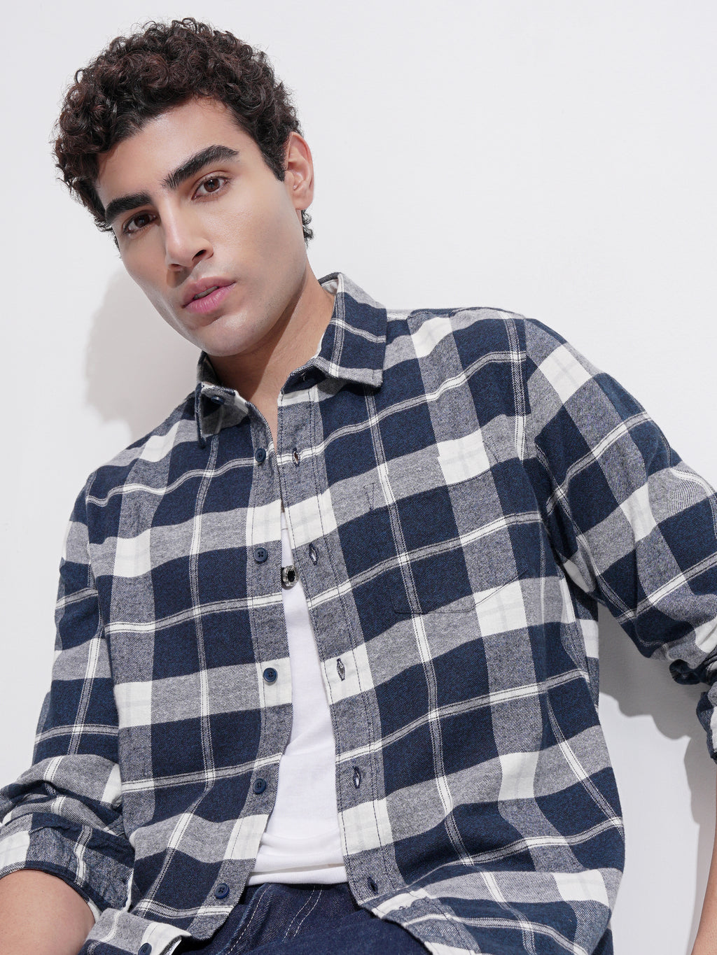 Highlander Men Navy Blue Checked Slim Fit Casual Shirt - Navy Blue - Image 1