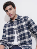 Highlander Men Navy Blue Checked Slim Fit Casual Shirt - Navy Blue - Image 1