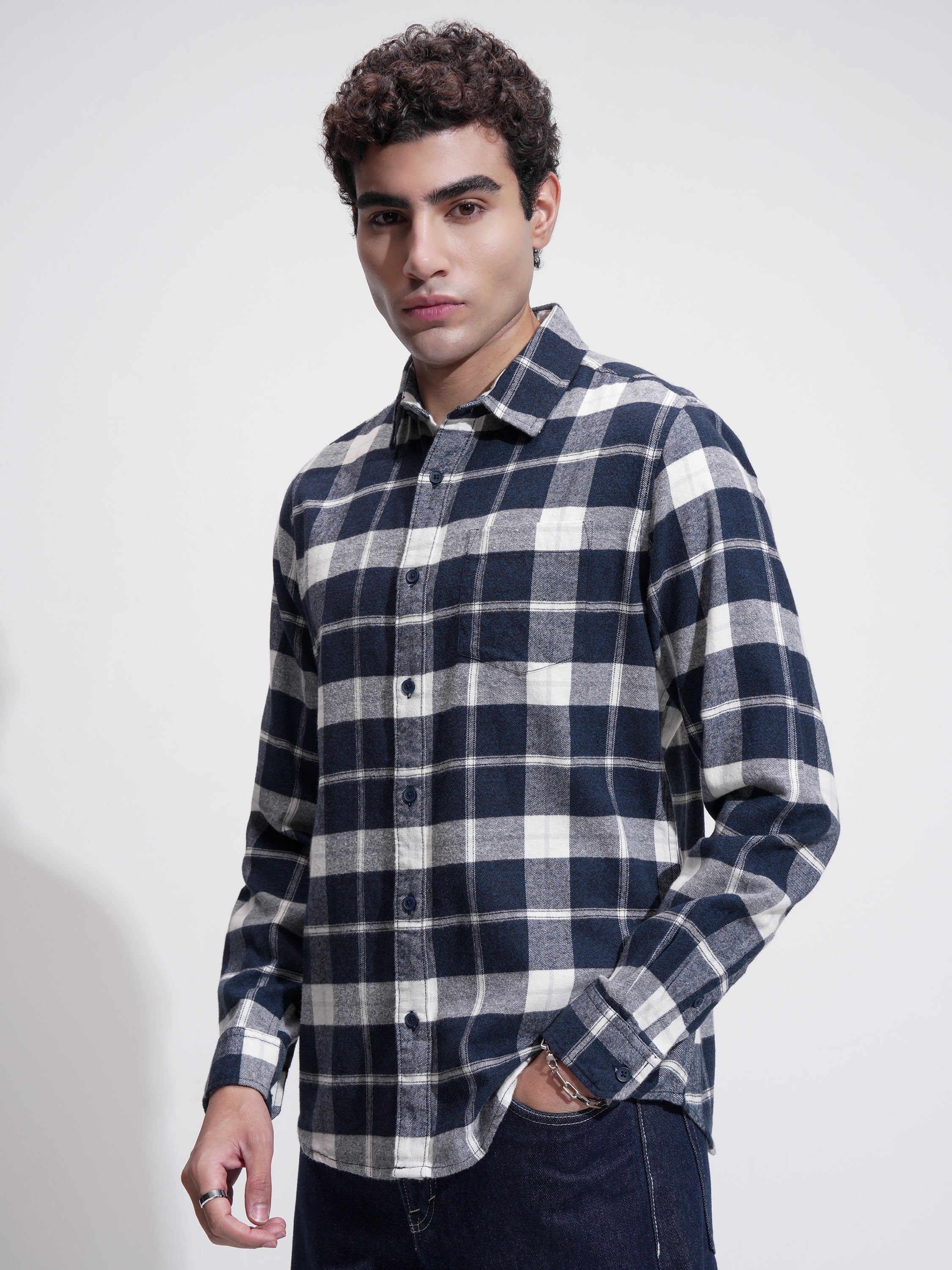 Highlander Men Navy Blue Checked Slim Fit Casual Shirt - Navy Blue - Image 4