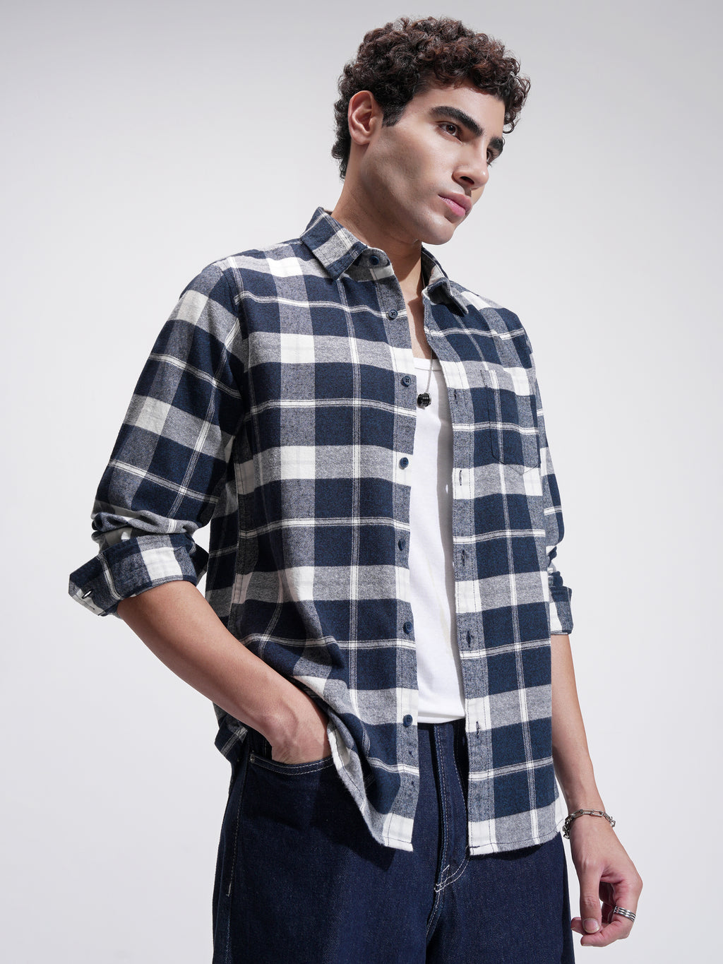 Highlander Men Navy Blue Checked Slim Fit Casual Shirt - Navy Blue - Image 6