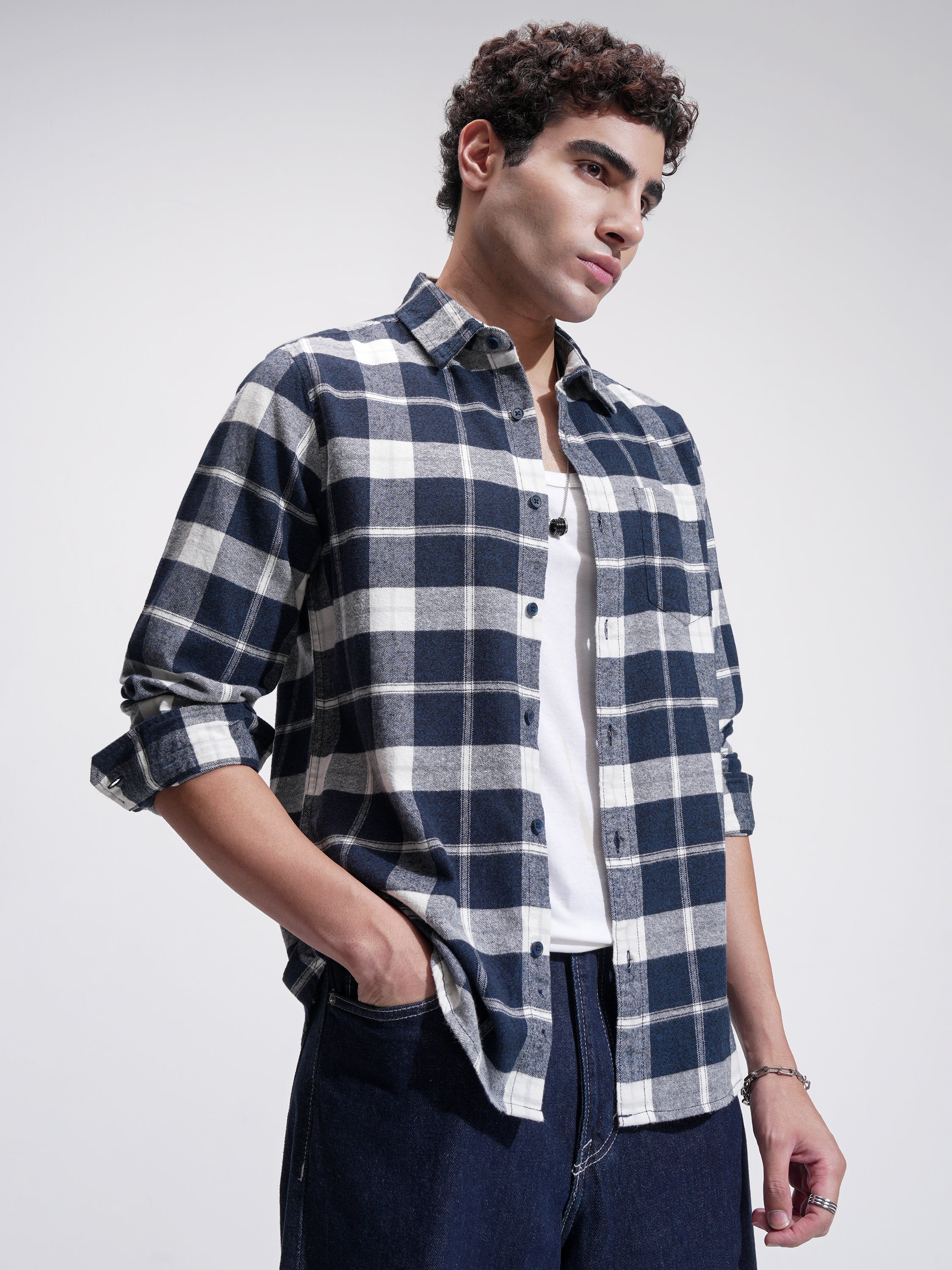 Highlander Men Navy Blue Checked Slim Fit Casual Shirt - Navy Blue - Image 6