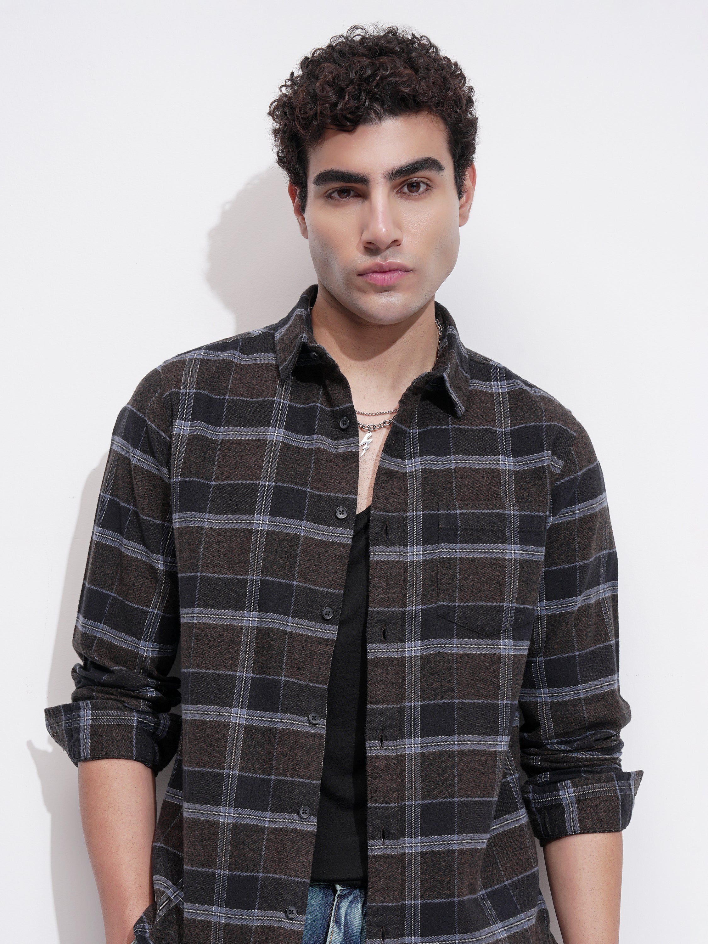 Highlander Men Brown Checked Slim Fit Casual Shirt - Brown - Image 1