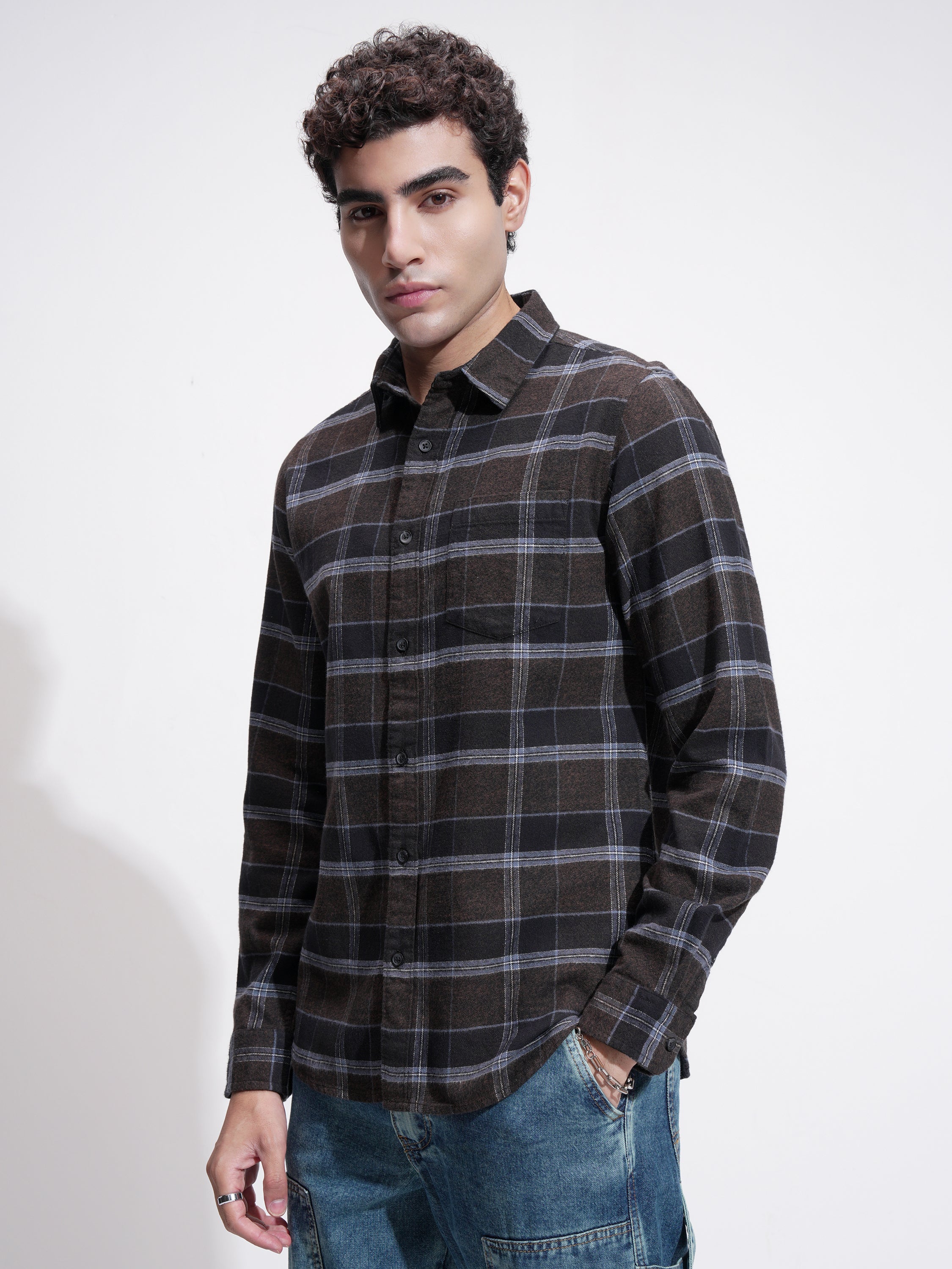 Highlander Men Brown Checked Slim Fit Casual Shirt - Brown - Image 4
