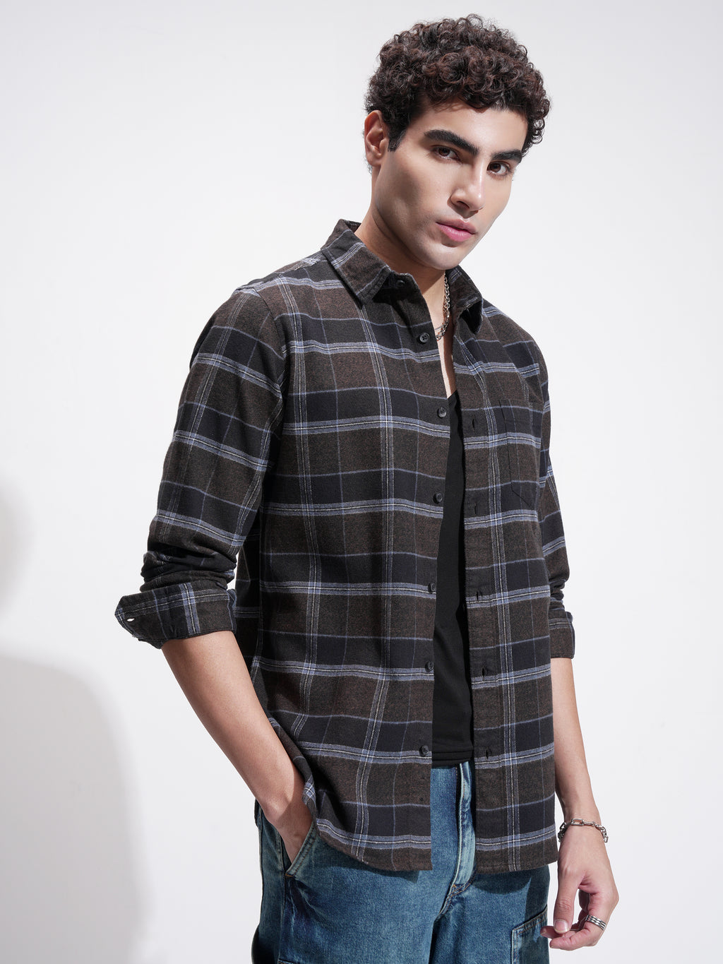 Highlander Men Brown Checked Slim Fit Casual Shirt - Brown - Image 6