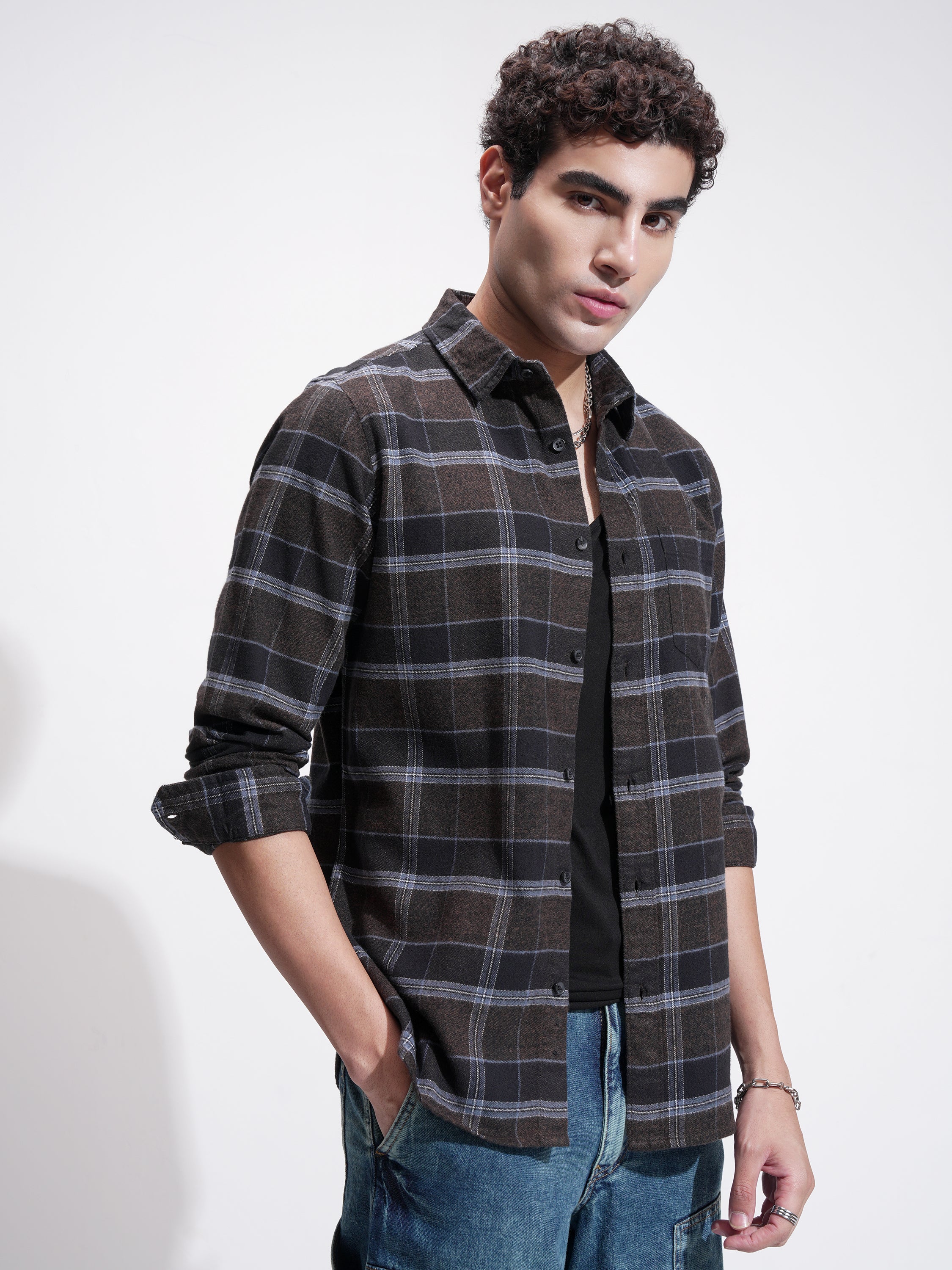 Highlander Men Brown Checked Slim Fit Casual Shirt - Brown - Image 6