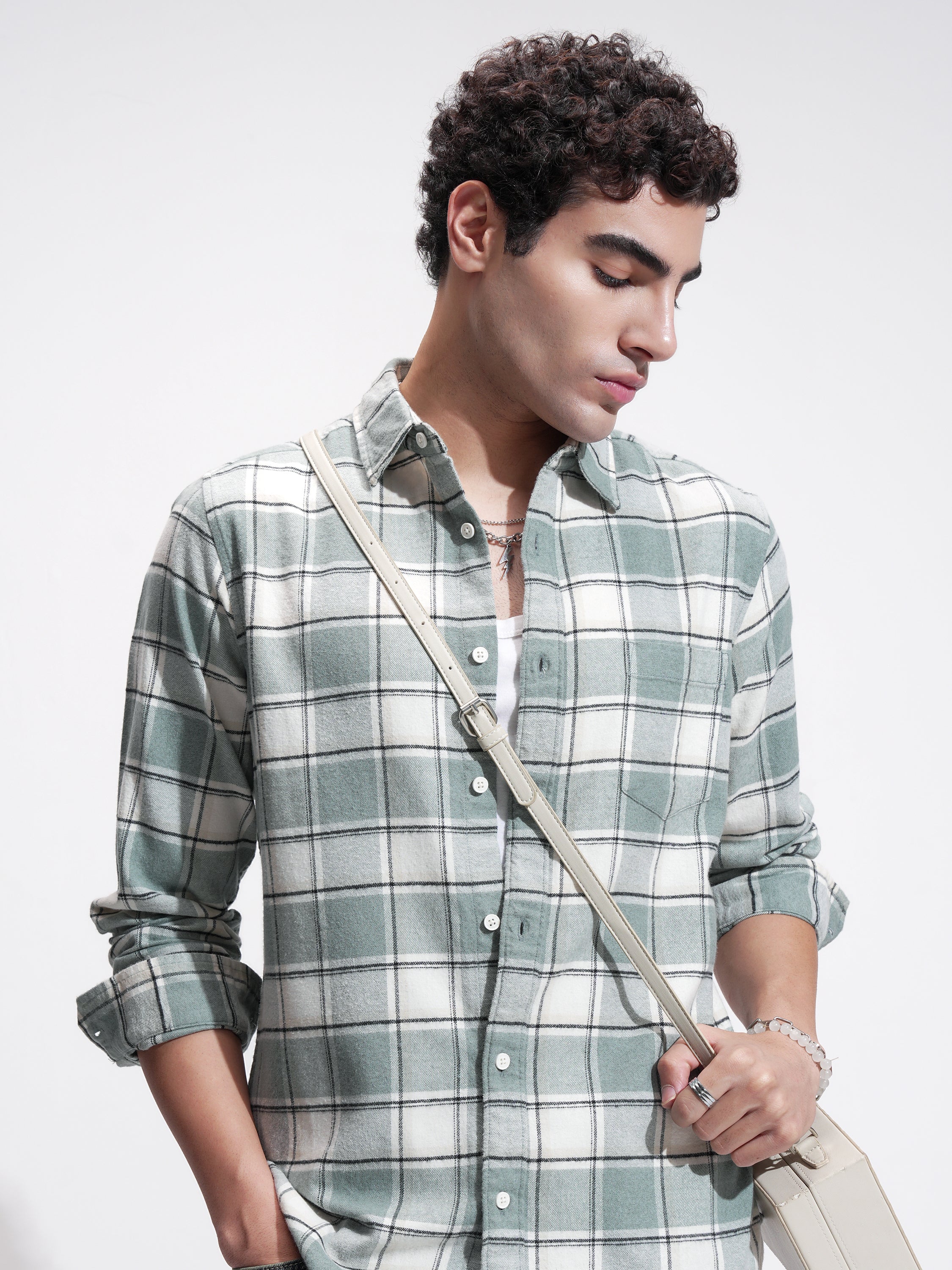 Highlander Men Sage Checked Slim Fit Casual Shirt - Sage - Image 1