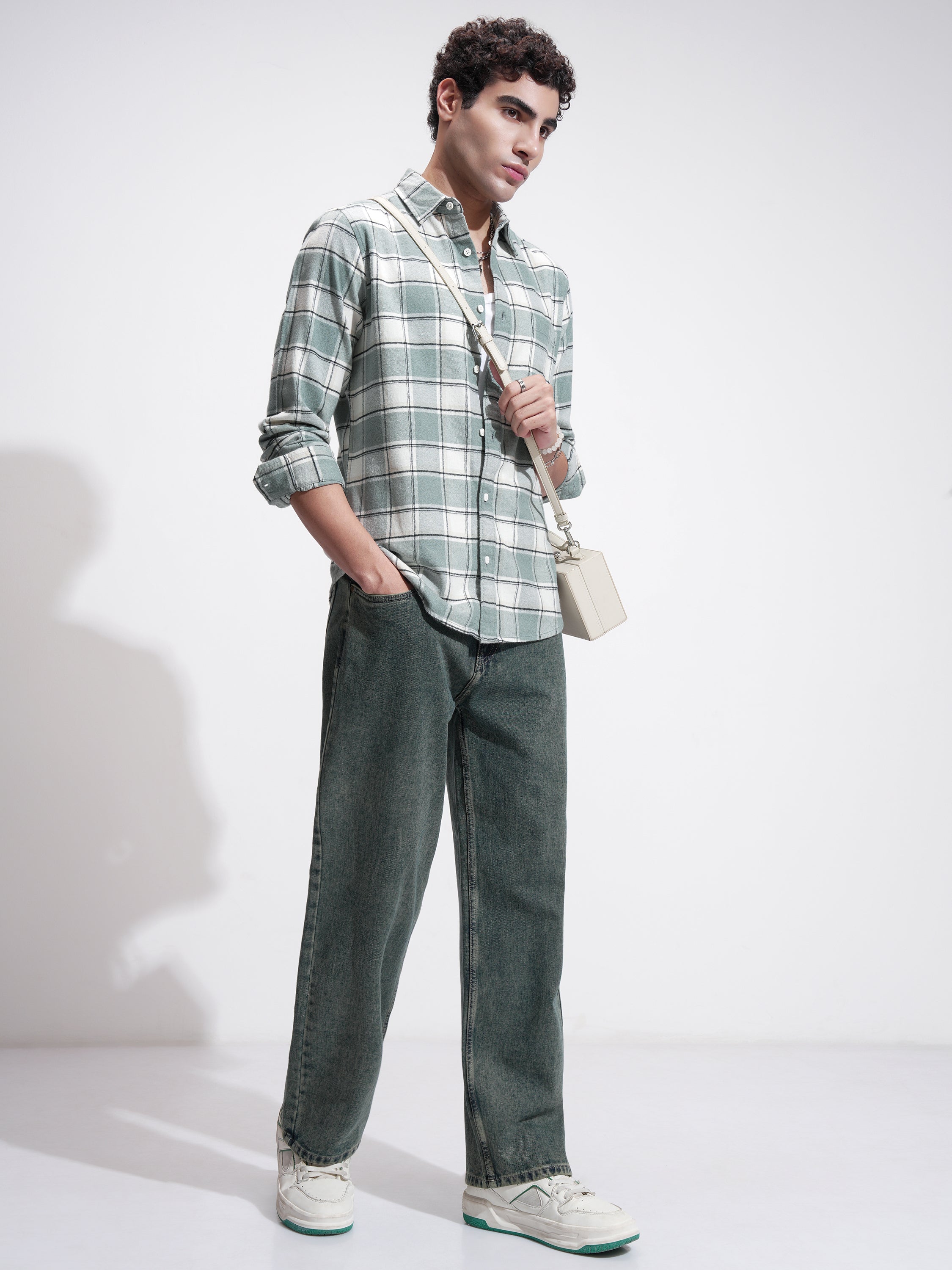 Highlander Men Sage Checked Slim Fit Casual Shirt - Sage - Image 2