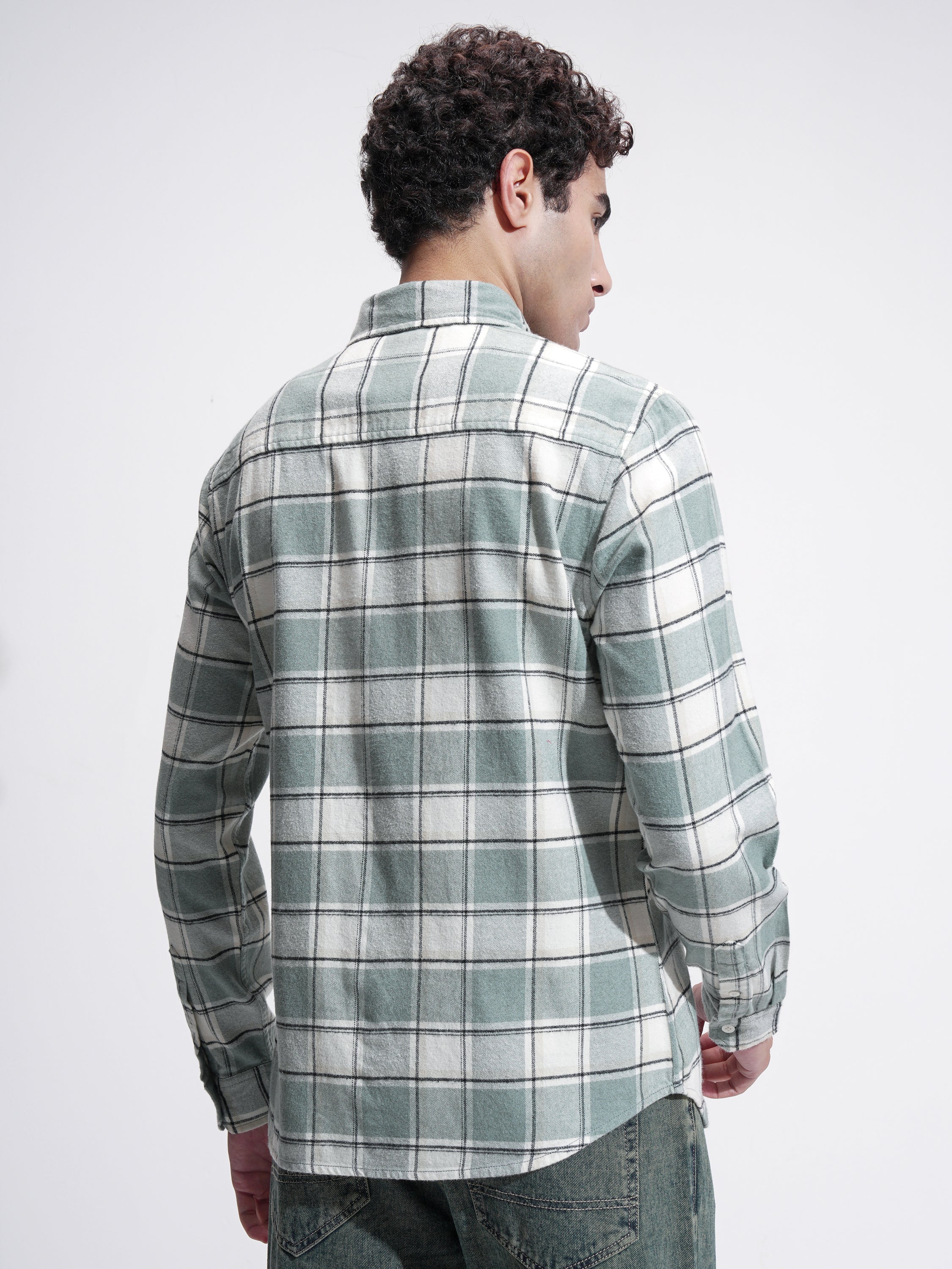 Highlander Men Sage Checked Slim Fit Casual Shirt - Sage - Image 3