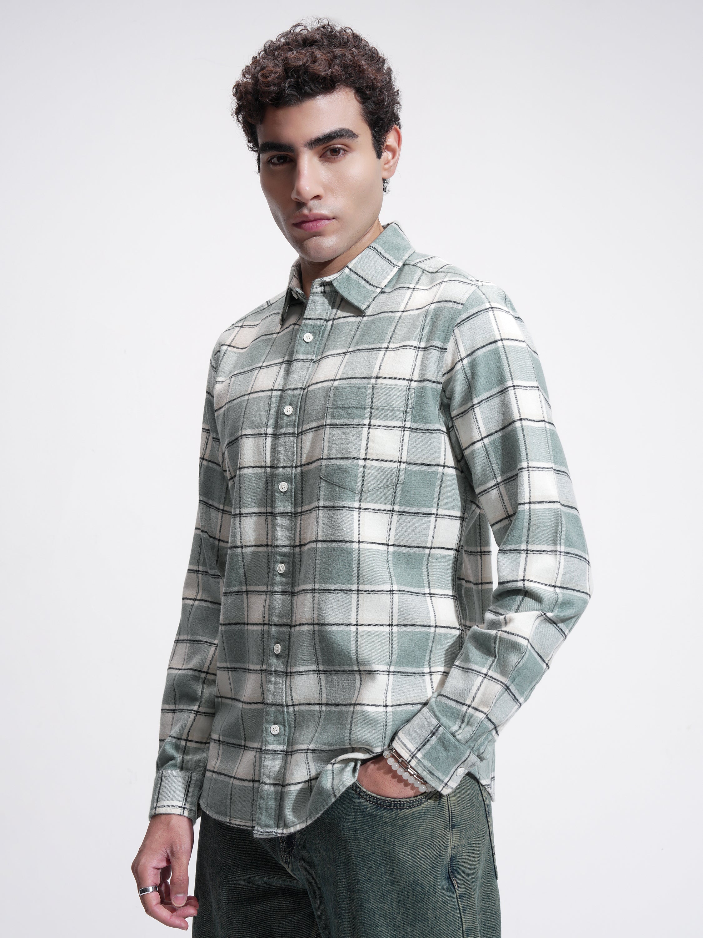 Highlander Men Sage Checked Slim Fit Casual Shirt - Sage - Image 4