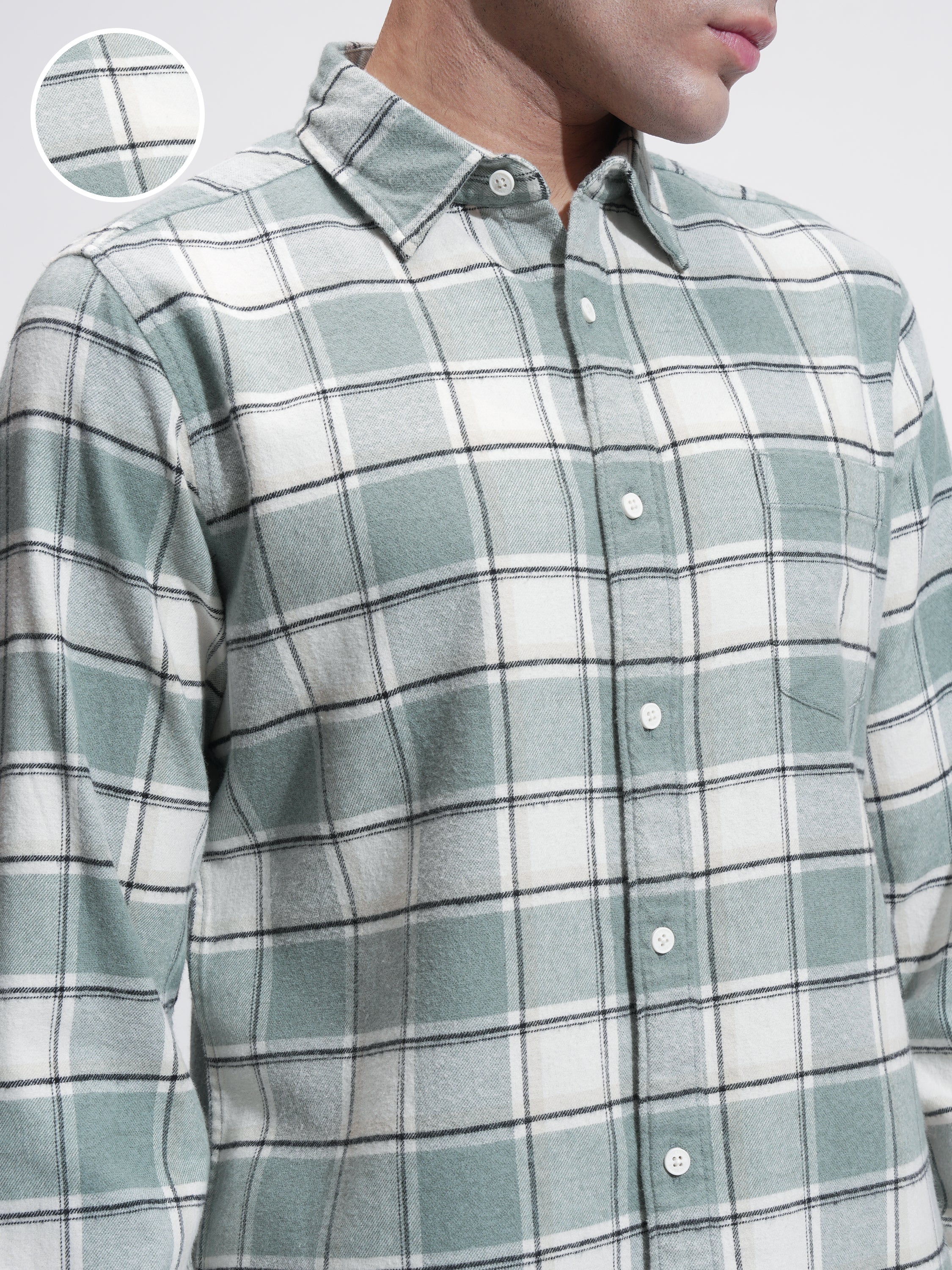 Highlander Men Sage Checked Slim Fit Casual Shirt - Sage - Image 5