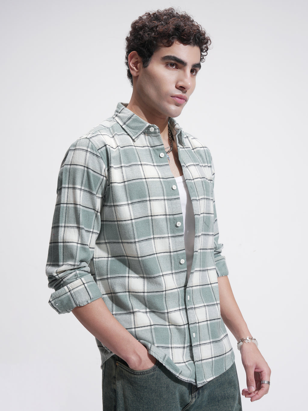 Highlander Men Sage Checked Slim Fit Casual Shirt - Sage - Image 6