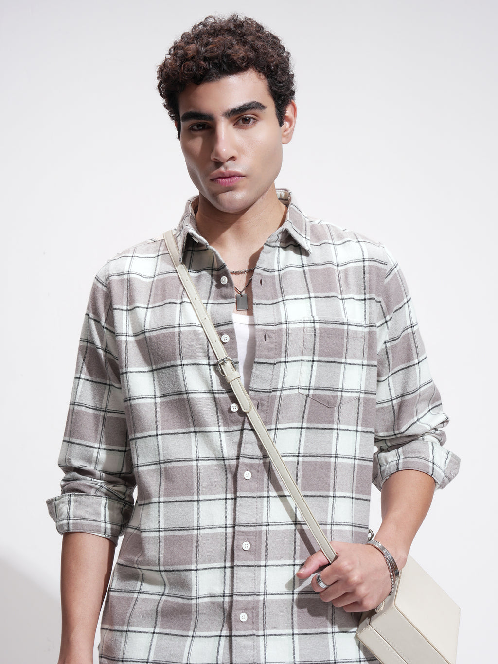 Highlander Men Tan Checked Slim Fit Casual Shirt - Tan - Image 1