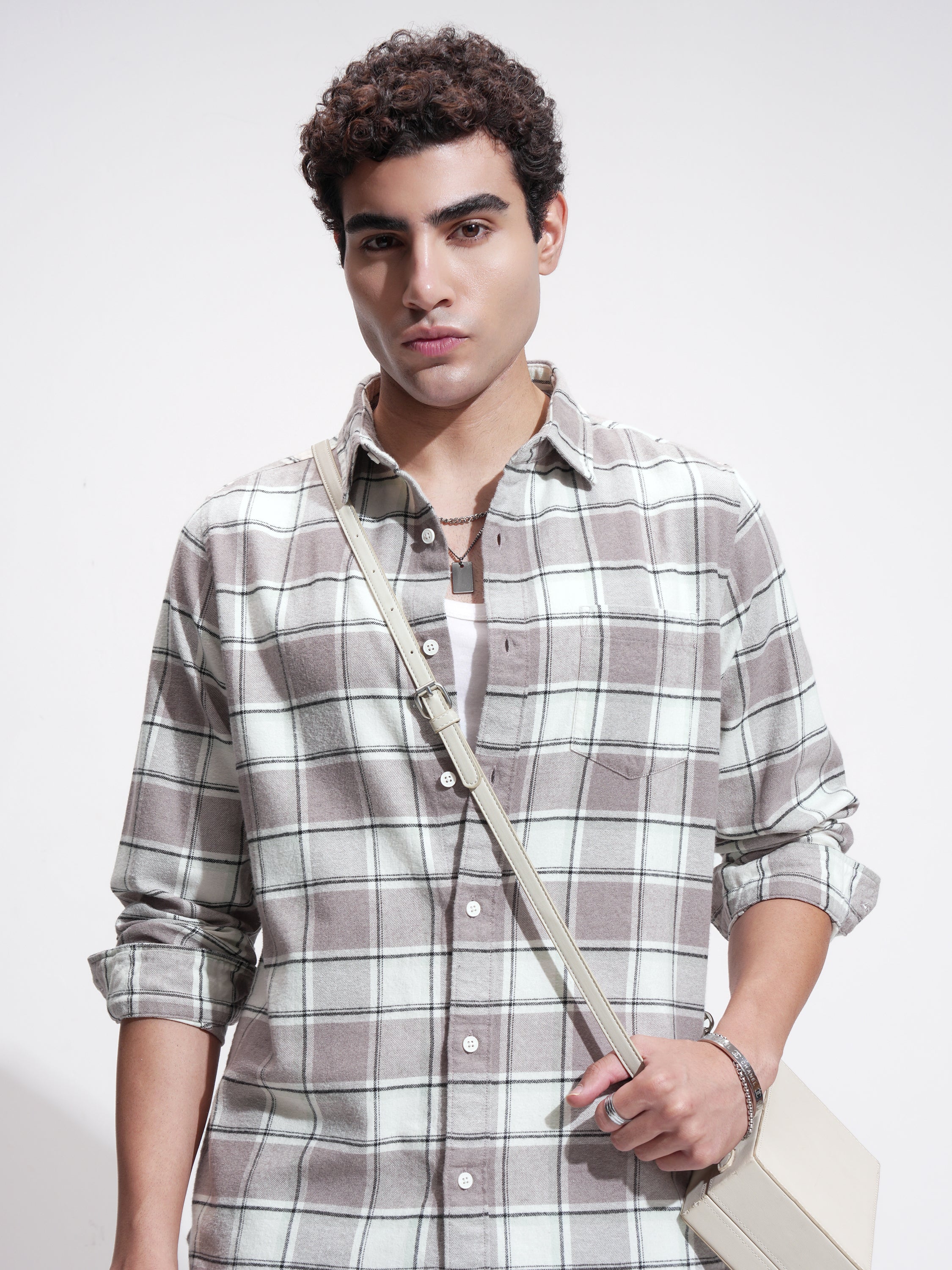 Highlander Men Tan Checked Slim Fit Casual Shirt - Tan - Image 1