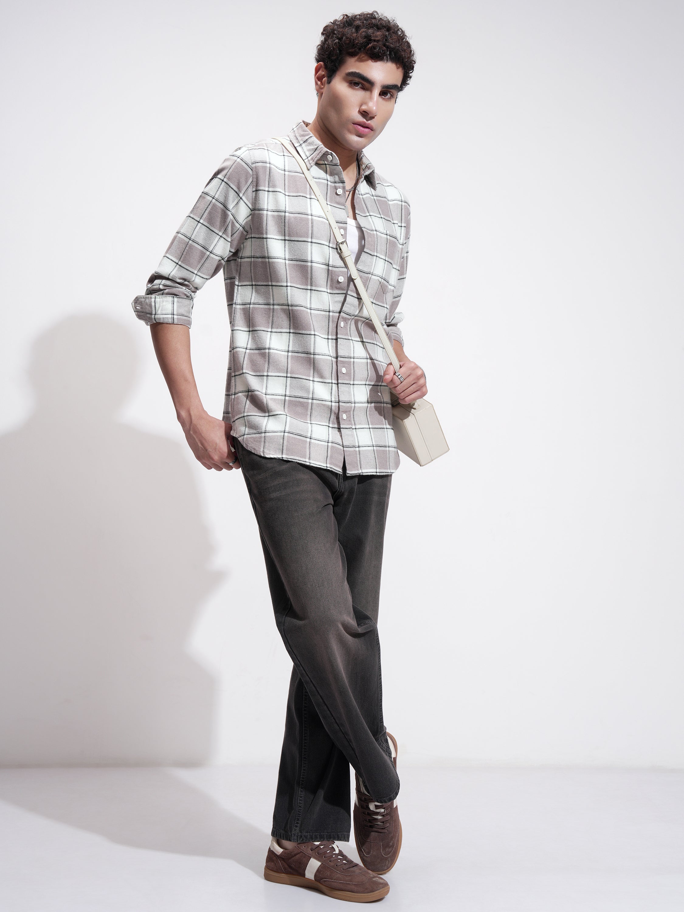 Highlander Men Tan Checked Slim Fit Casual Shirt - Tan - Image 2