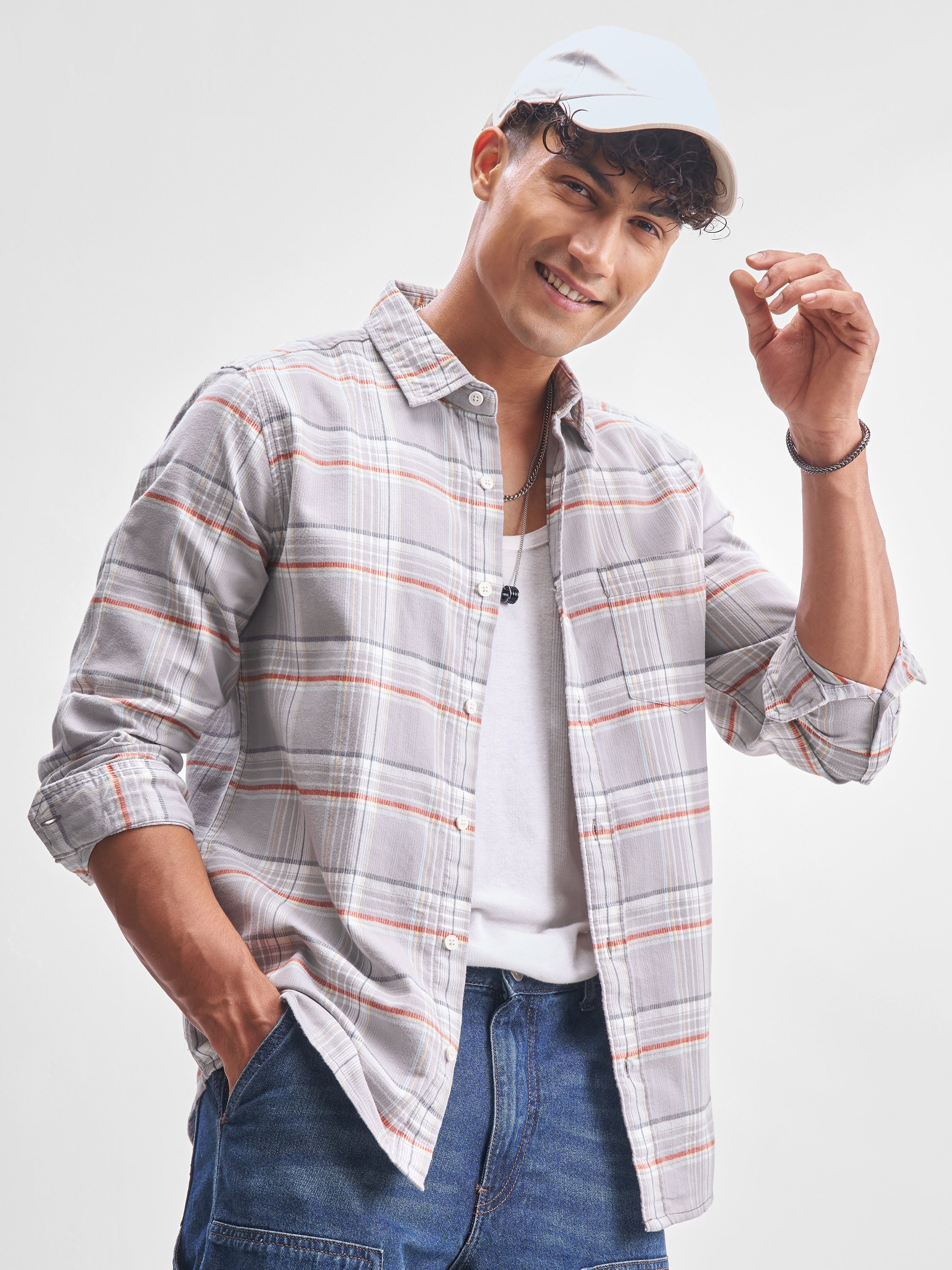 Highlander Men Grey Checked Slim Fit Casual Shirt - Grey - Image 1