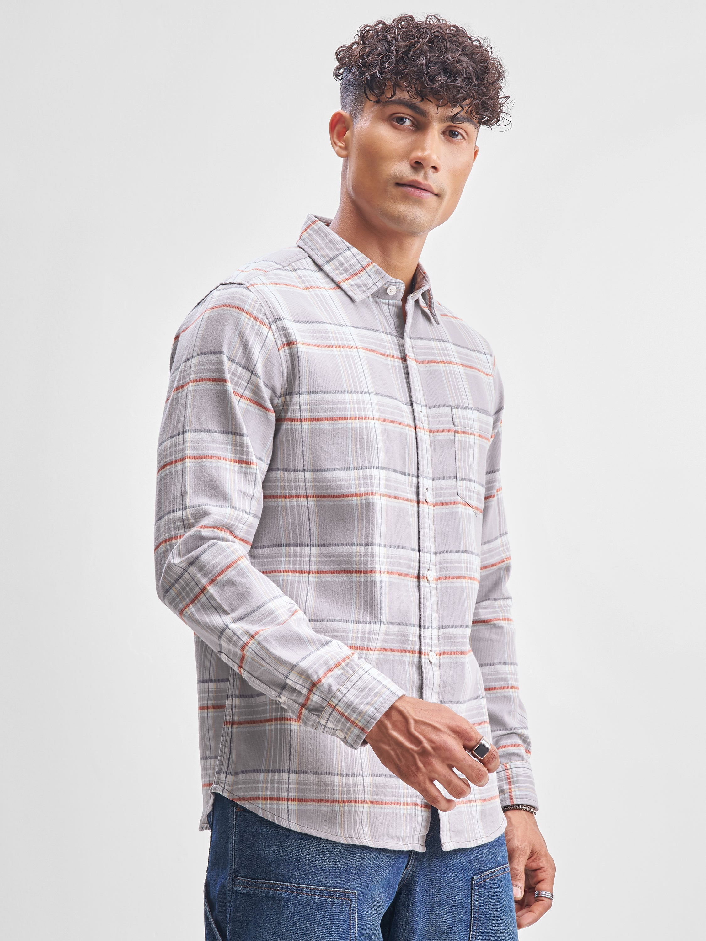 Highlander Men Grey Checked Slim Fit Casual Shirt - Grey - Image 6