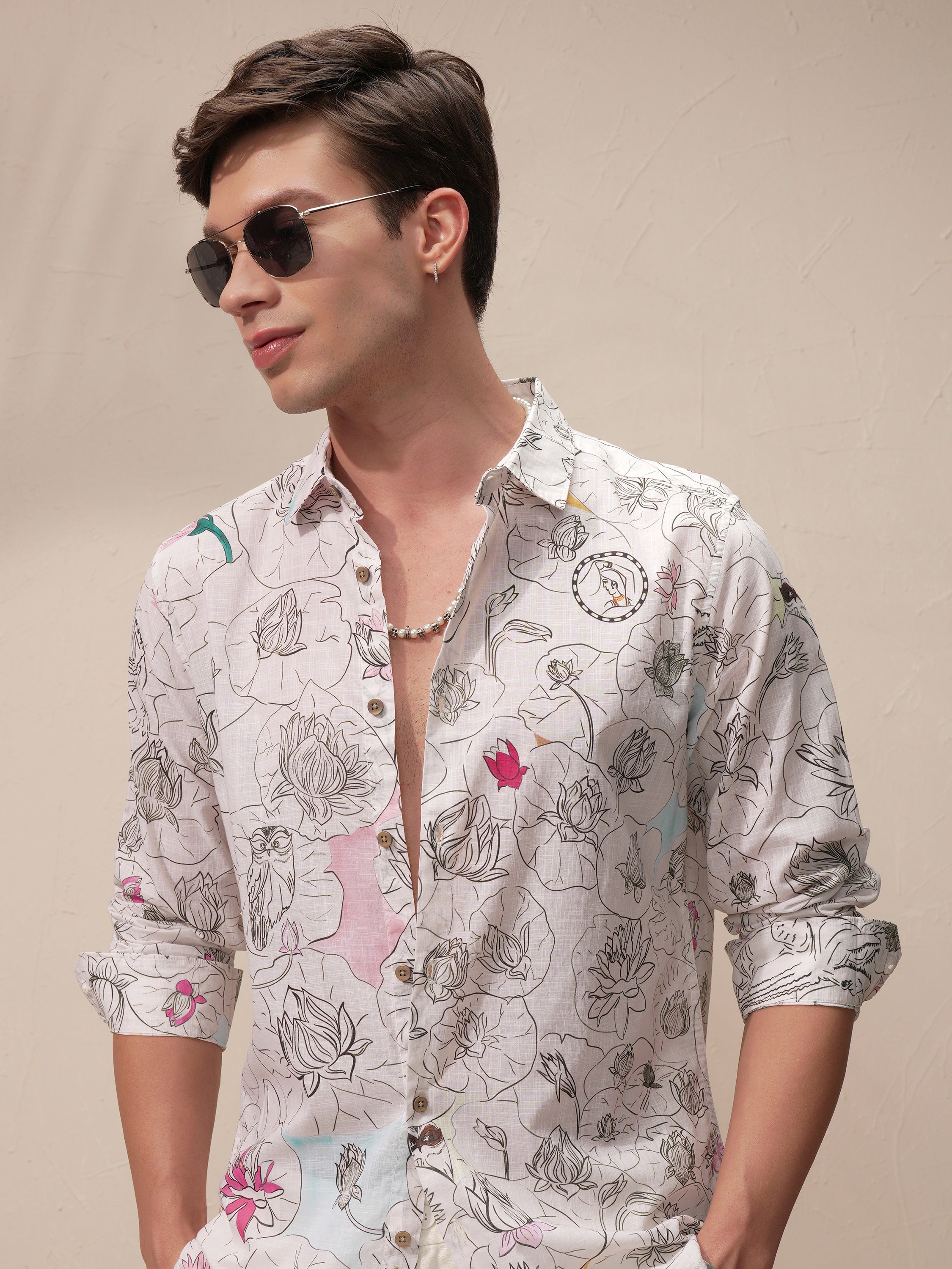 Highlander Men Cream Printed Slim Fit Casual Shirt - Cream - Image 1