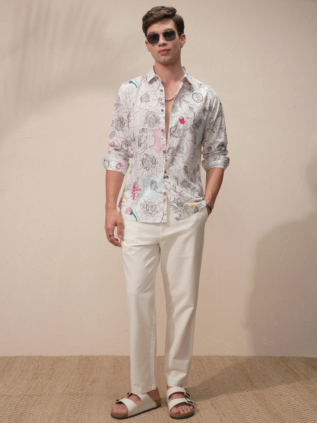 Highlander Men Cream Printed Slim Fit Casual Shirt - Cream - Image 2