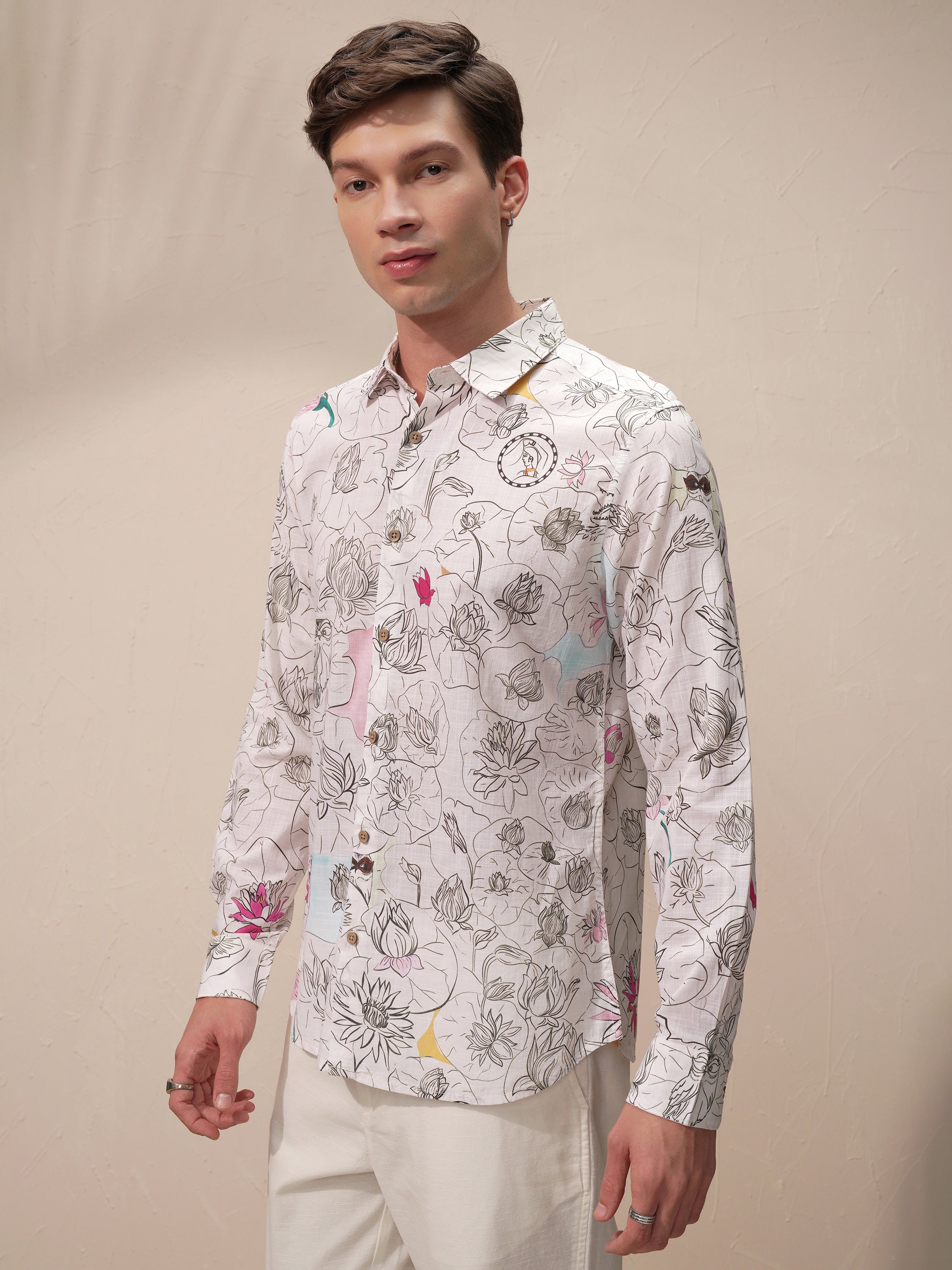 Highlander Men Cream Printed Slim Fit Casual Shirt - Cream - Image 4