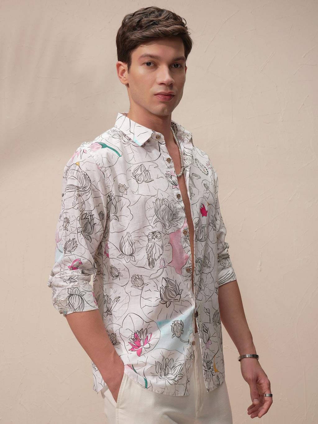 Highlander Men Cream Printed Slim Fit Casual Shirt - Cream - Image 6