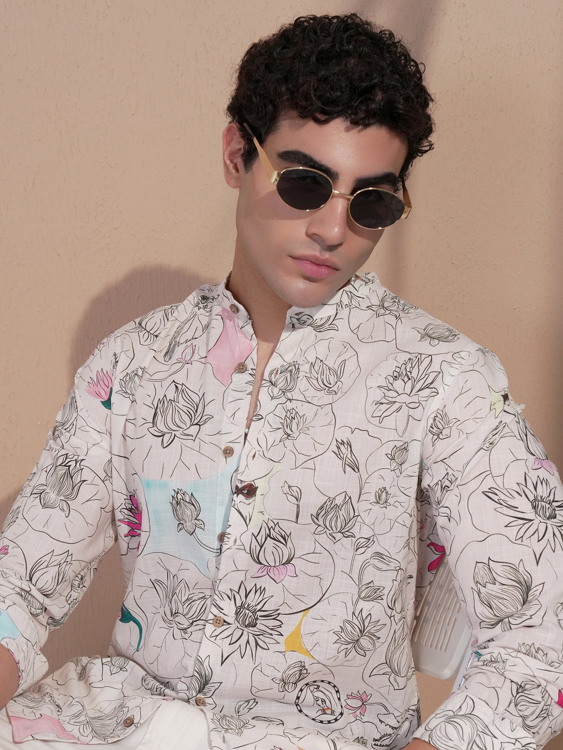 Highlander Men Cream Printed Slim Fit Casual Shirt - Cream - Image 1