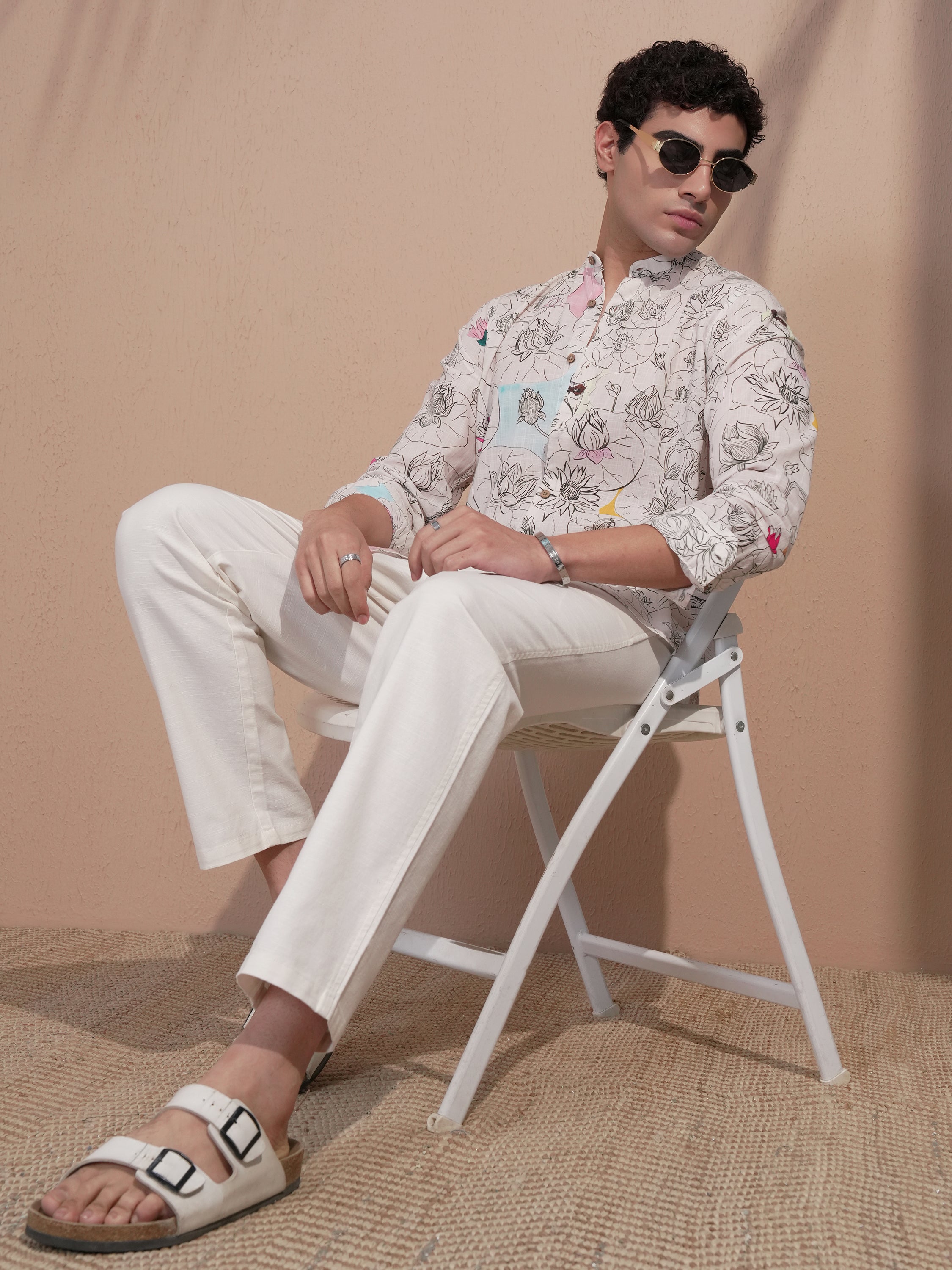 Highlander Men Cream Printed Slim Fit Casual Shirt - Cream - Image 2
