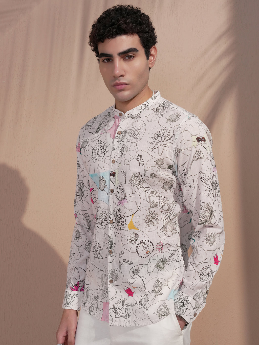 Highlander Men Cream Printed Slim Fit Casual Shirt - Cream - Image 4
