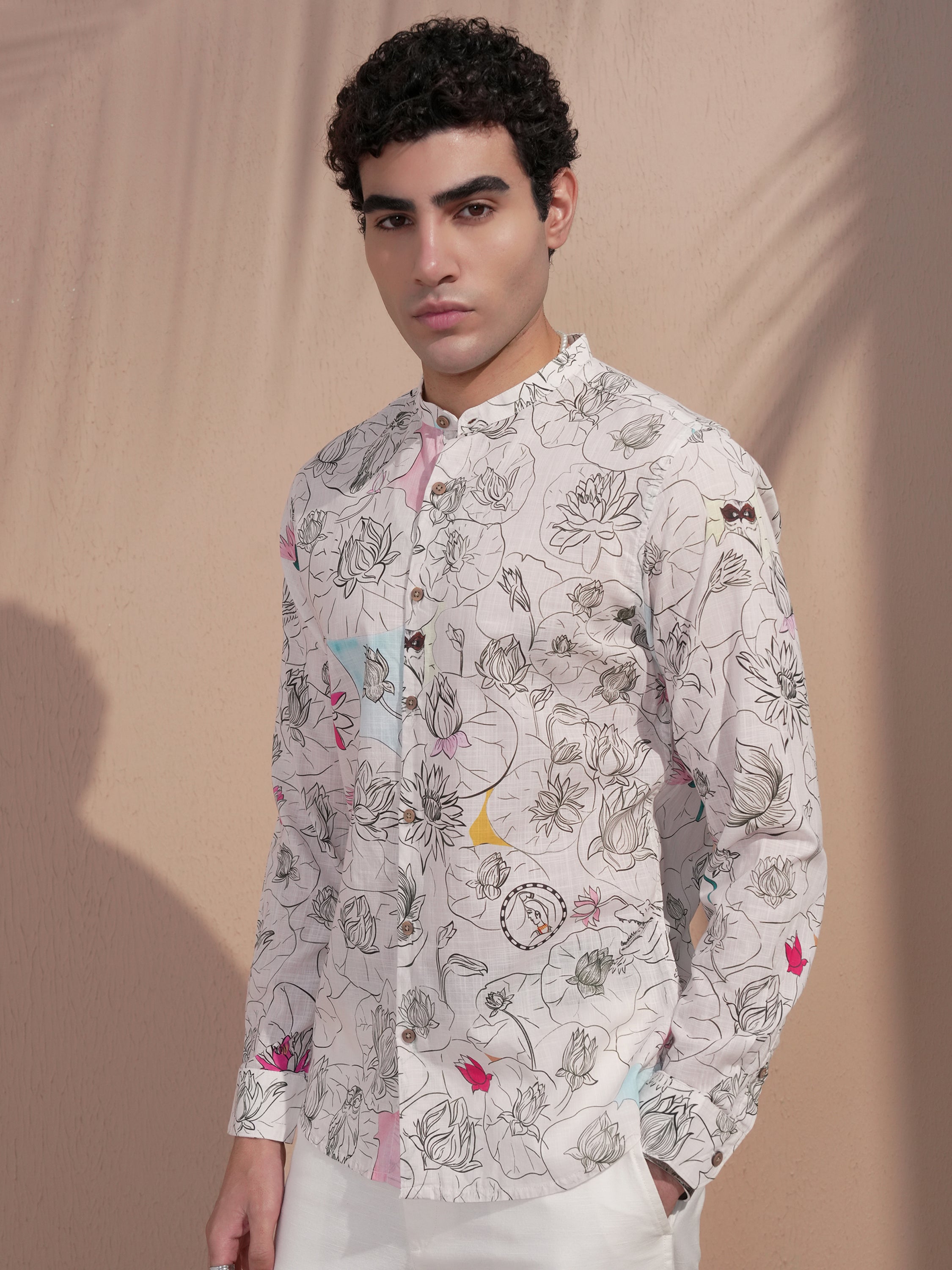 Highlander Men Cream Printed Slim Fit Casual Shirt - Cream - Image 4