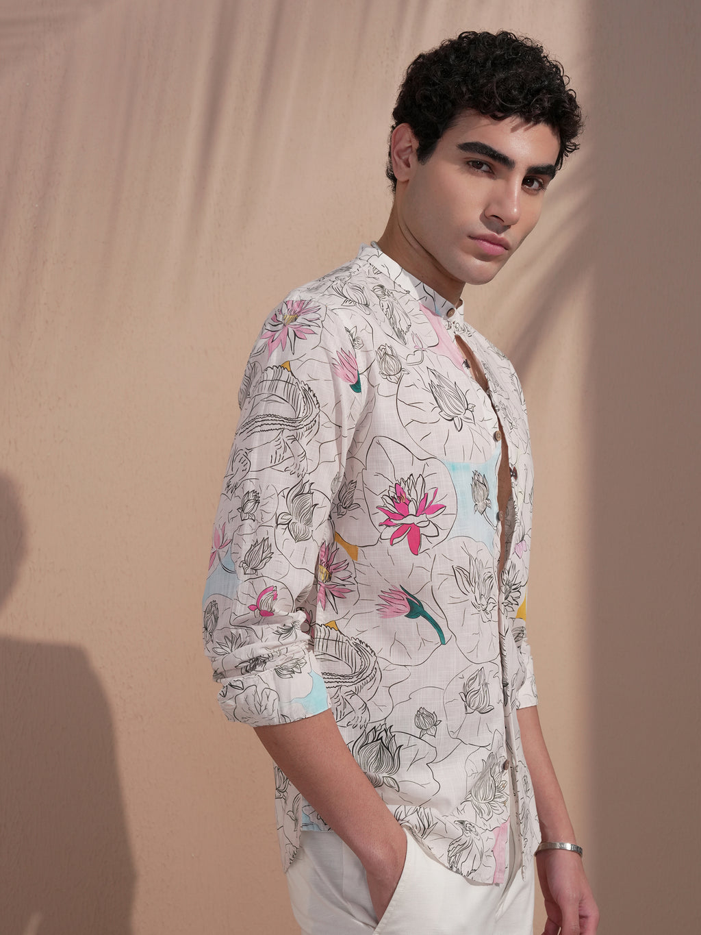 Highlander Men Cream Printed Slim Fit Casual Shirt - Cream - Image 6