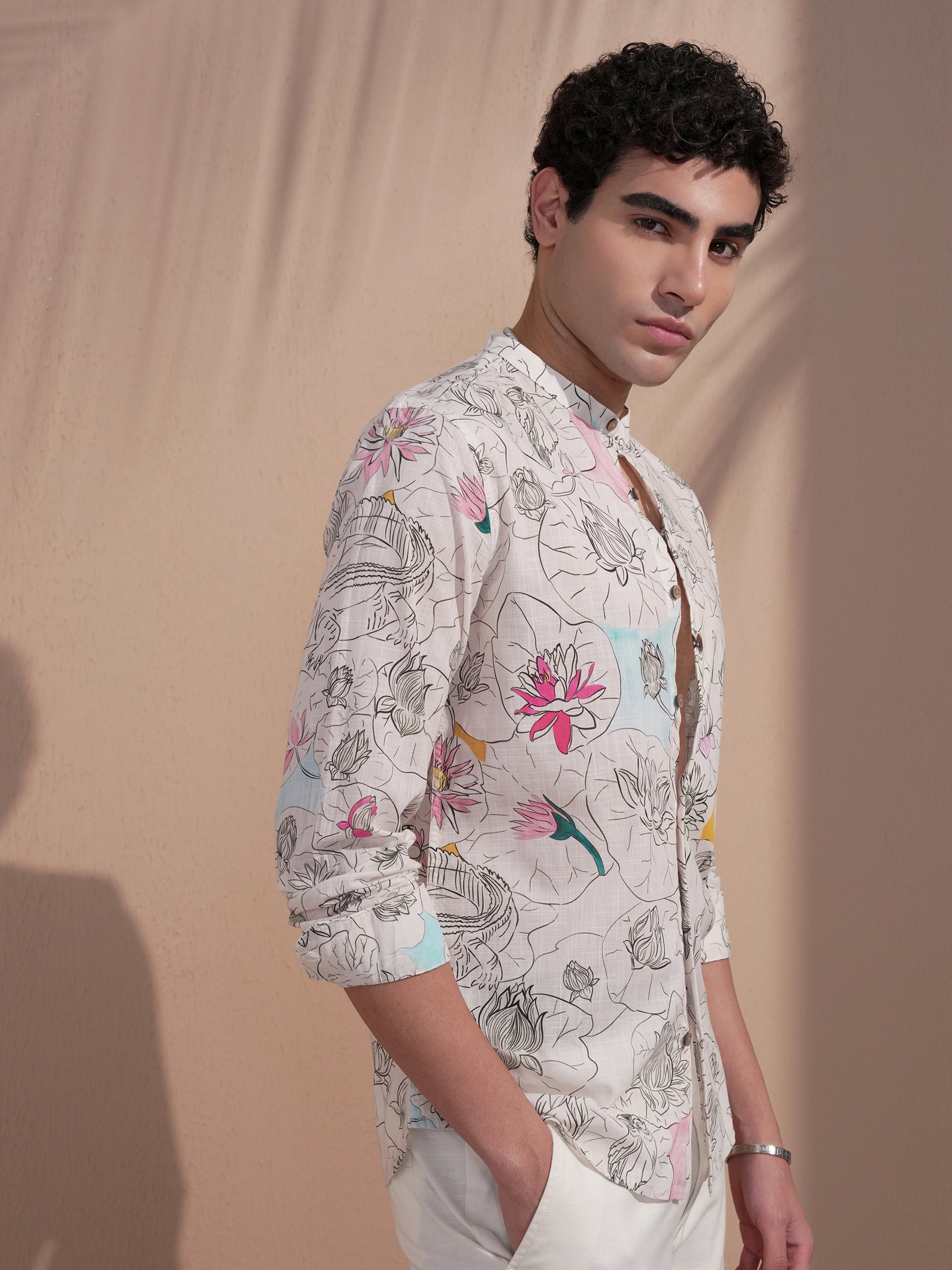 Highlander Men Cream Printed Slim Fit Casual Shirt - Cream - Image 6
