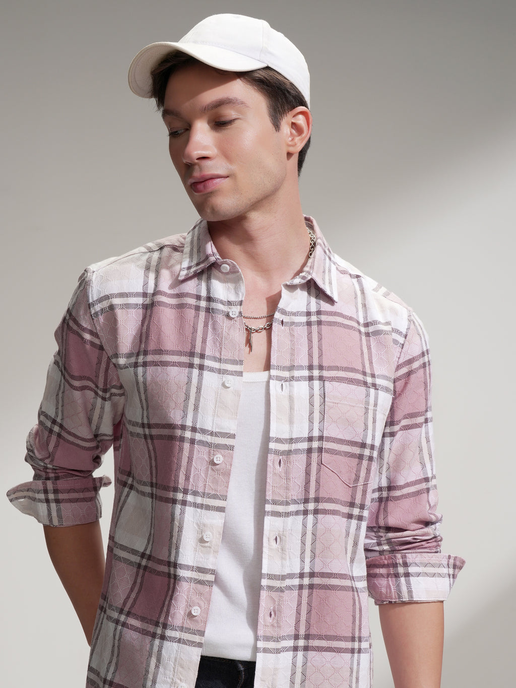 Highlander Men Pink Checked Slim Fit Casual Shirt - Pink - Image 1