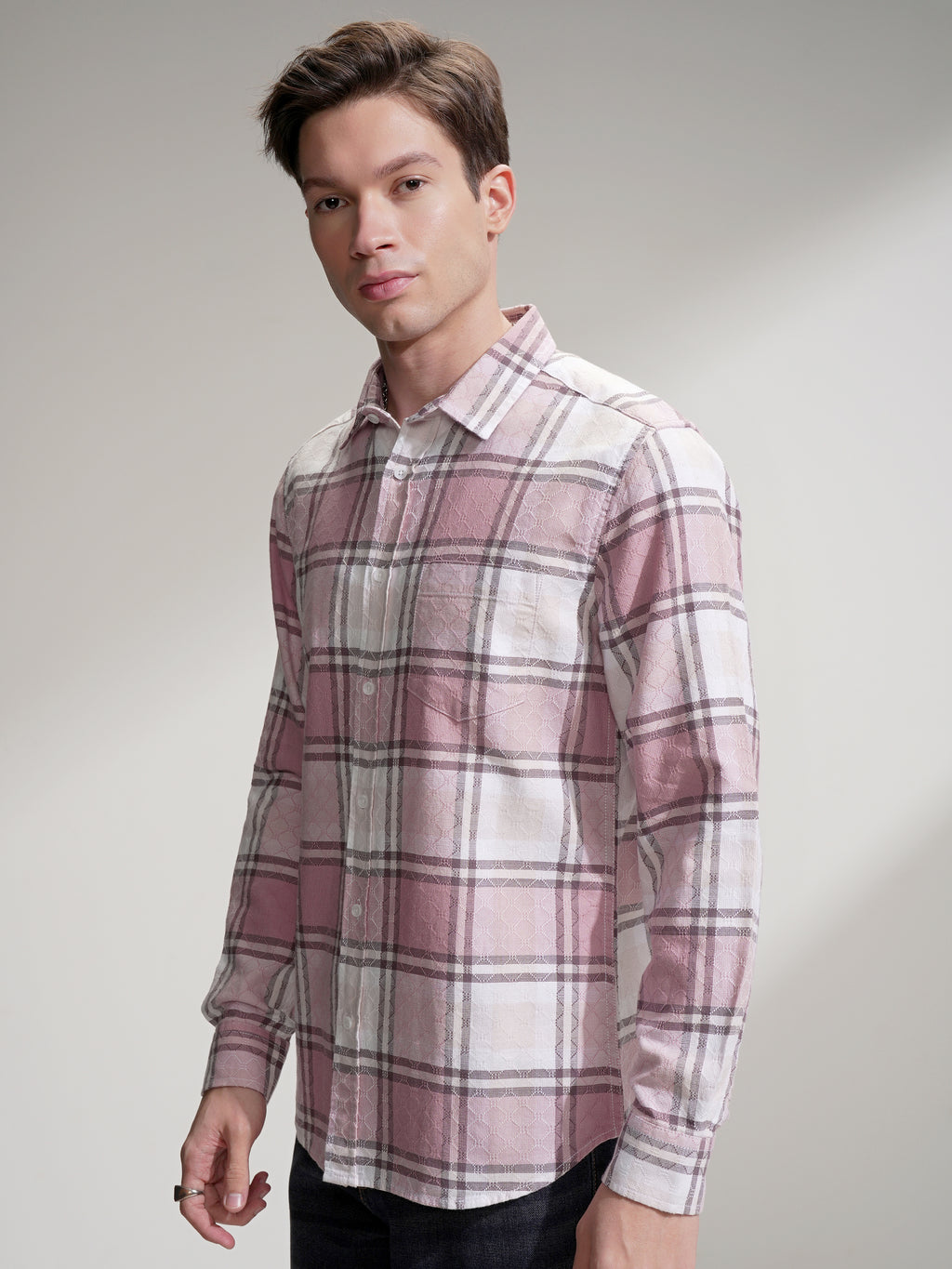 Highlander Men Pink Checked Slim Fit Casual Shirt - Pink - Image 4