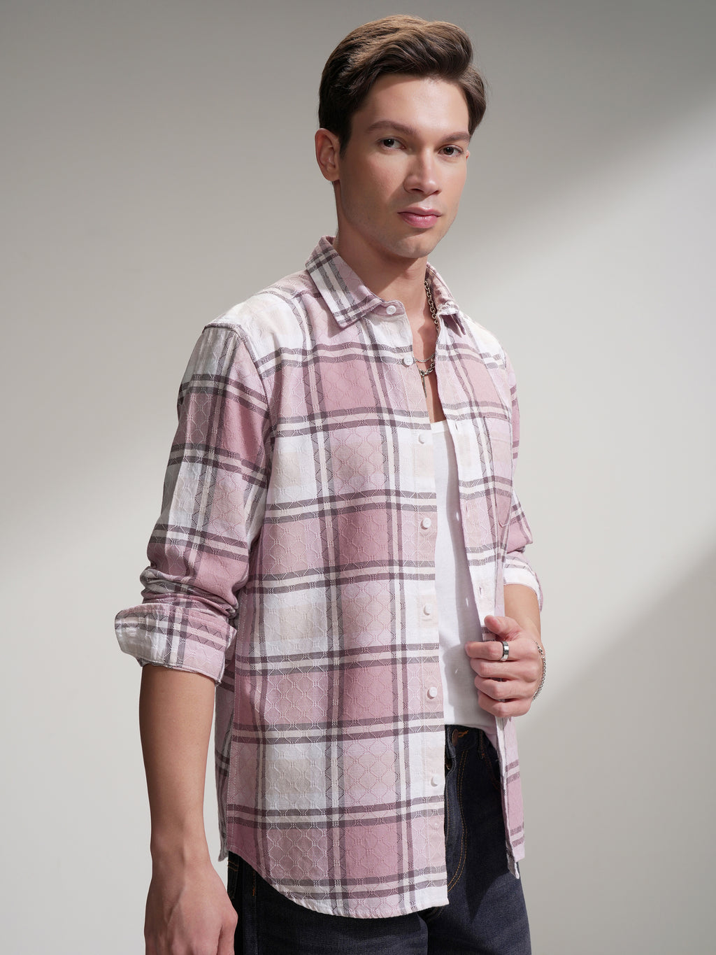 Highlander Men Pink Checked Slim Fit Casual Shirt - Pink - Image 6