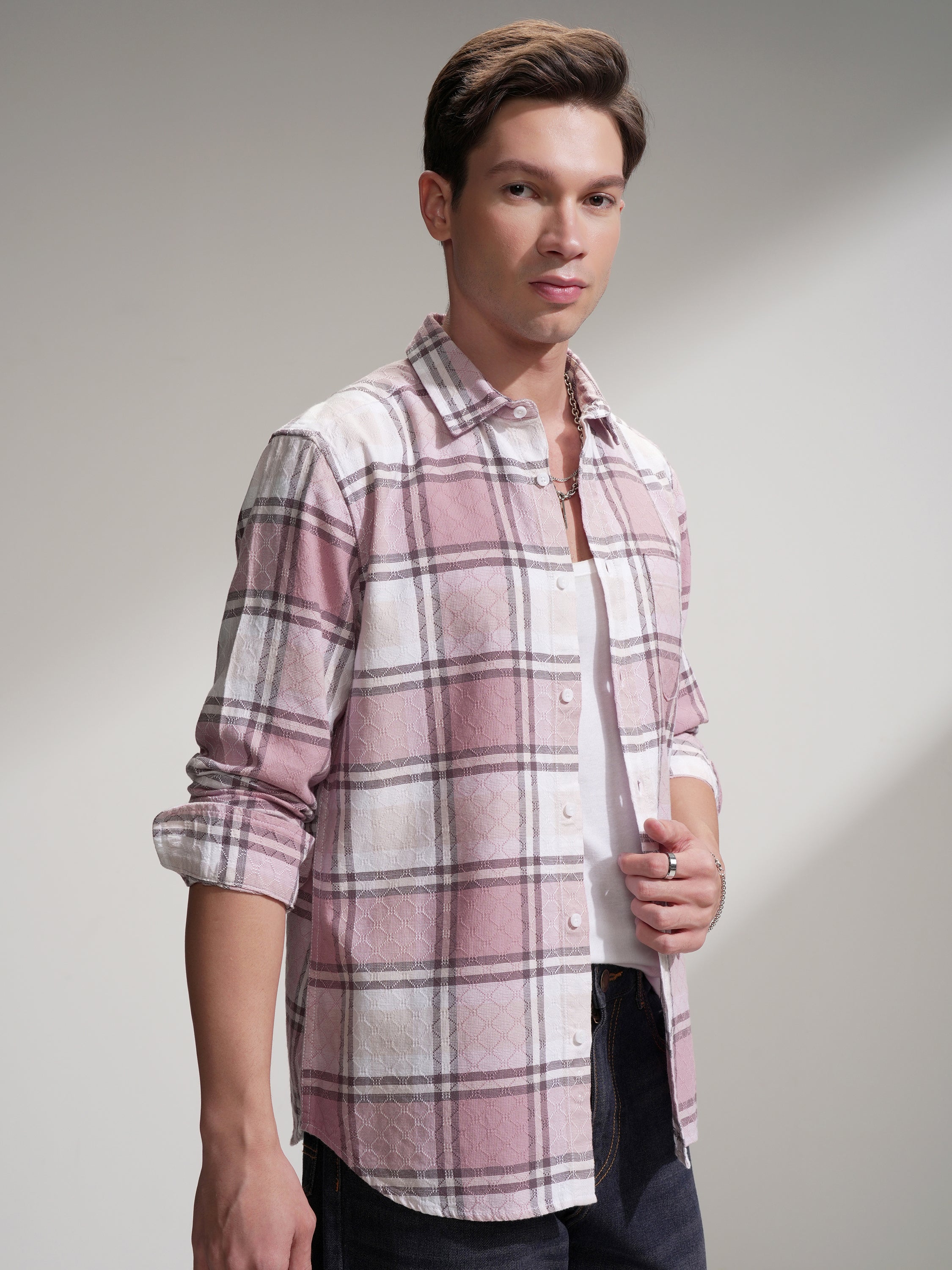 Highlander Men Pink Checked Slim Fit Casual Shirt - Pink - Image 6