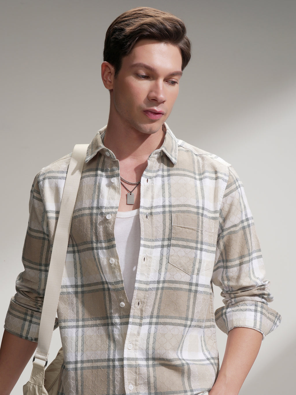 Highlander Men Beige Checked Slim Fit Casual Shirt - Beige - Image 1