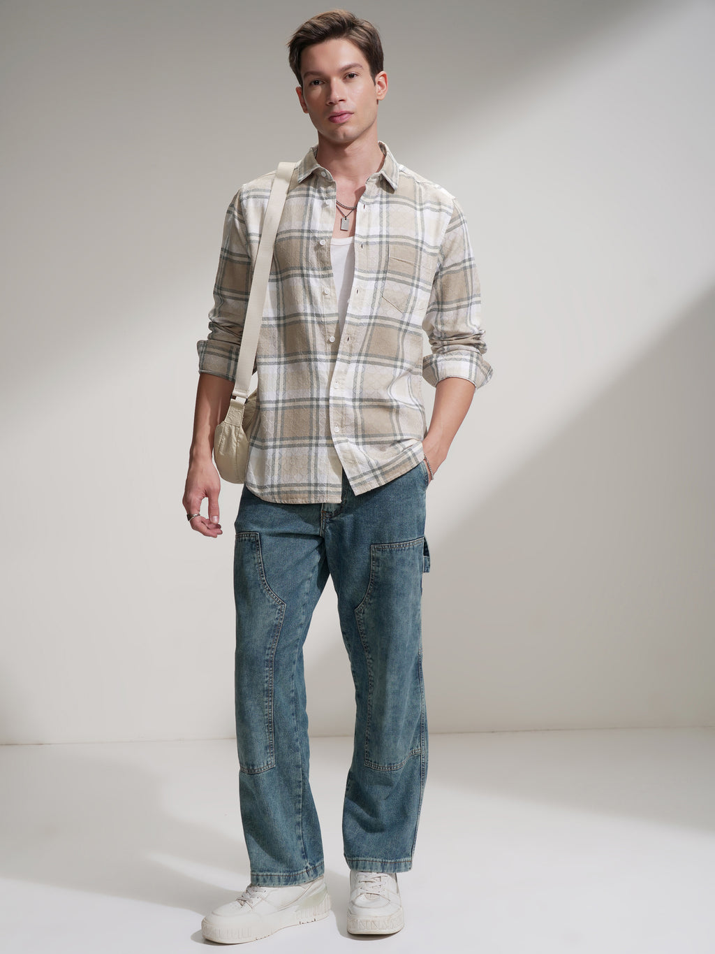 Highlander Men Beige Checked Slim Fit Casual Shirt - Beige - Image 2